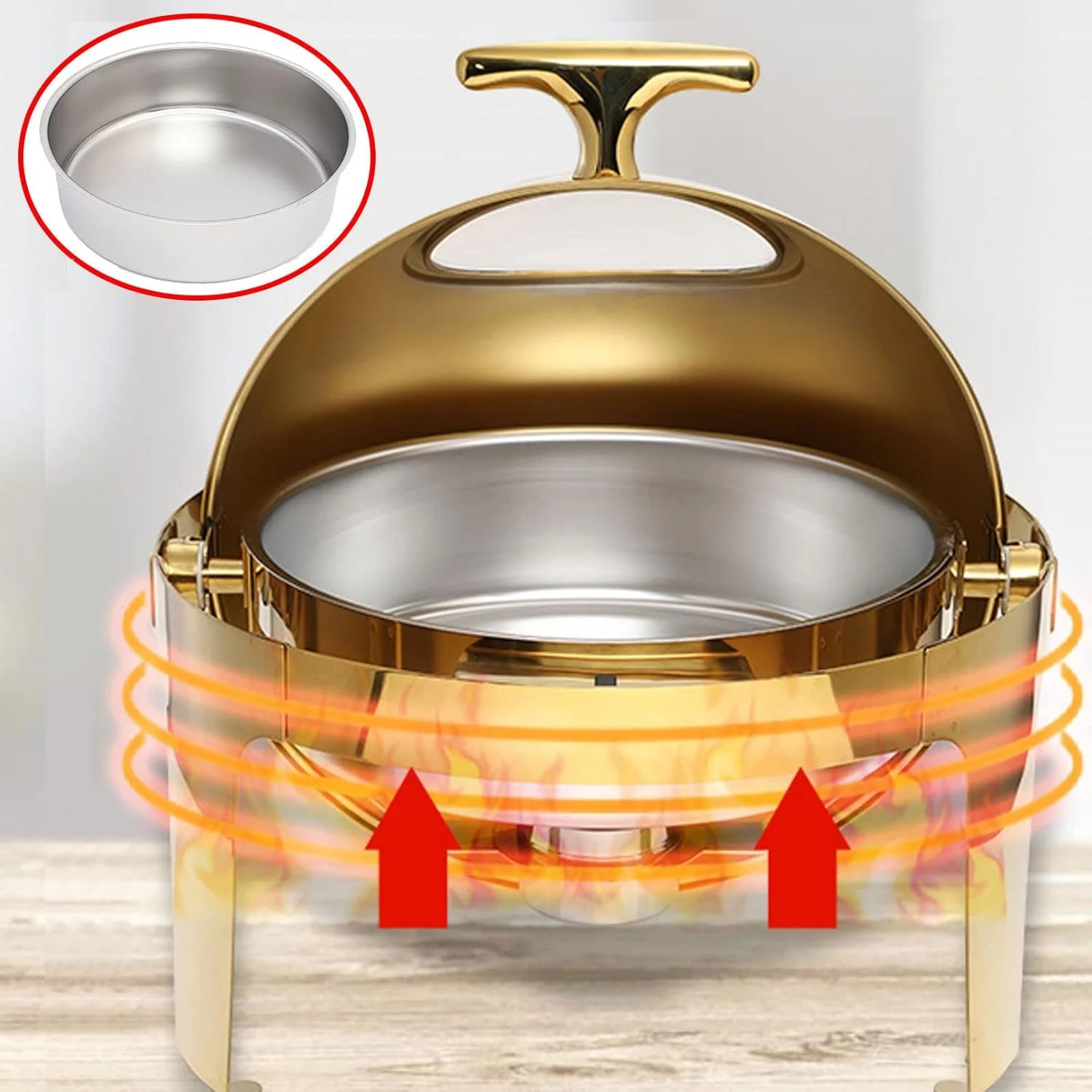 گرمکن غذا و ظروف گرم کننده برقی 6 لیتری طلایی برای بوفه با درب قابل مشاهده، گرمکن غذای گرد بوفه - ظرف استیل، رنگ