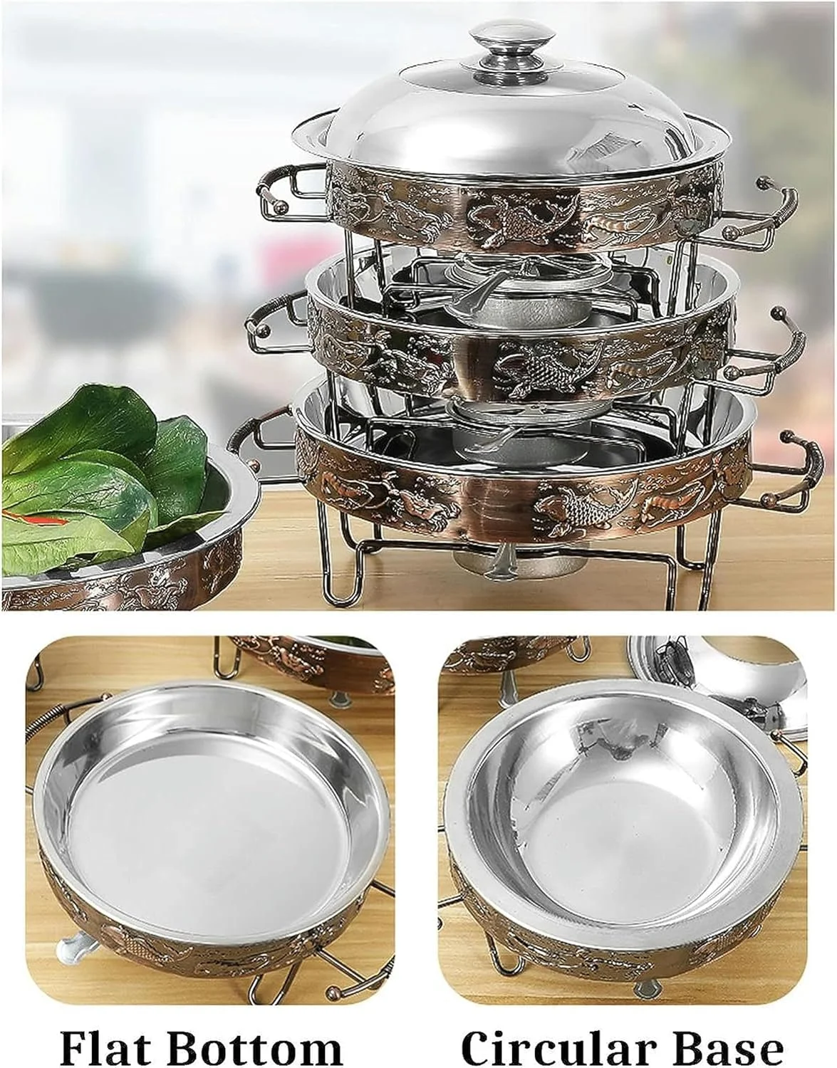 ظرف گرم نگهدارنده غذا گرد، گرمکن غذا استیل ضد زنگ سایز بزرگ مناسب بوفه با کوره الکلی و درب، برای عروسی/مهمانی/ضیافت/مراسم پذیرایی (حوضچه کم عمق 24 سانتی متر) ظرف گرم نگهدارنده غذا گرد، گرمکن غذا استیل ضد زنگ سایز بزرگ مناسب بوفه با کوره الکلی و درب، برای عروسی/مهمانی/ضیافت/مراسم پذیرایی (حوضچه کم عمق 24 سانتی متر)