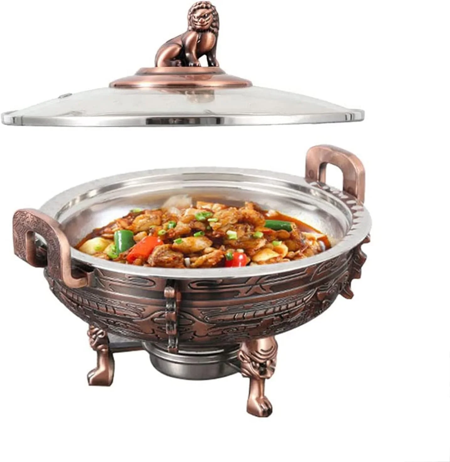 ست گرم نگهدارنده غذا و ظروف گرمایشی، ست بوفه پذیرایی گرد با ظرف غذا و نگهدارنده سوخت، مناسب برای بوفه غذاخوری مهمانی آشپزخانه