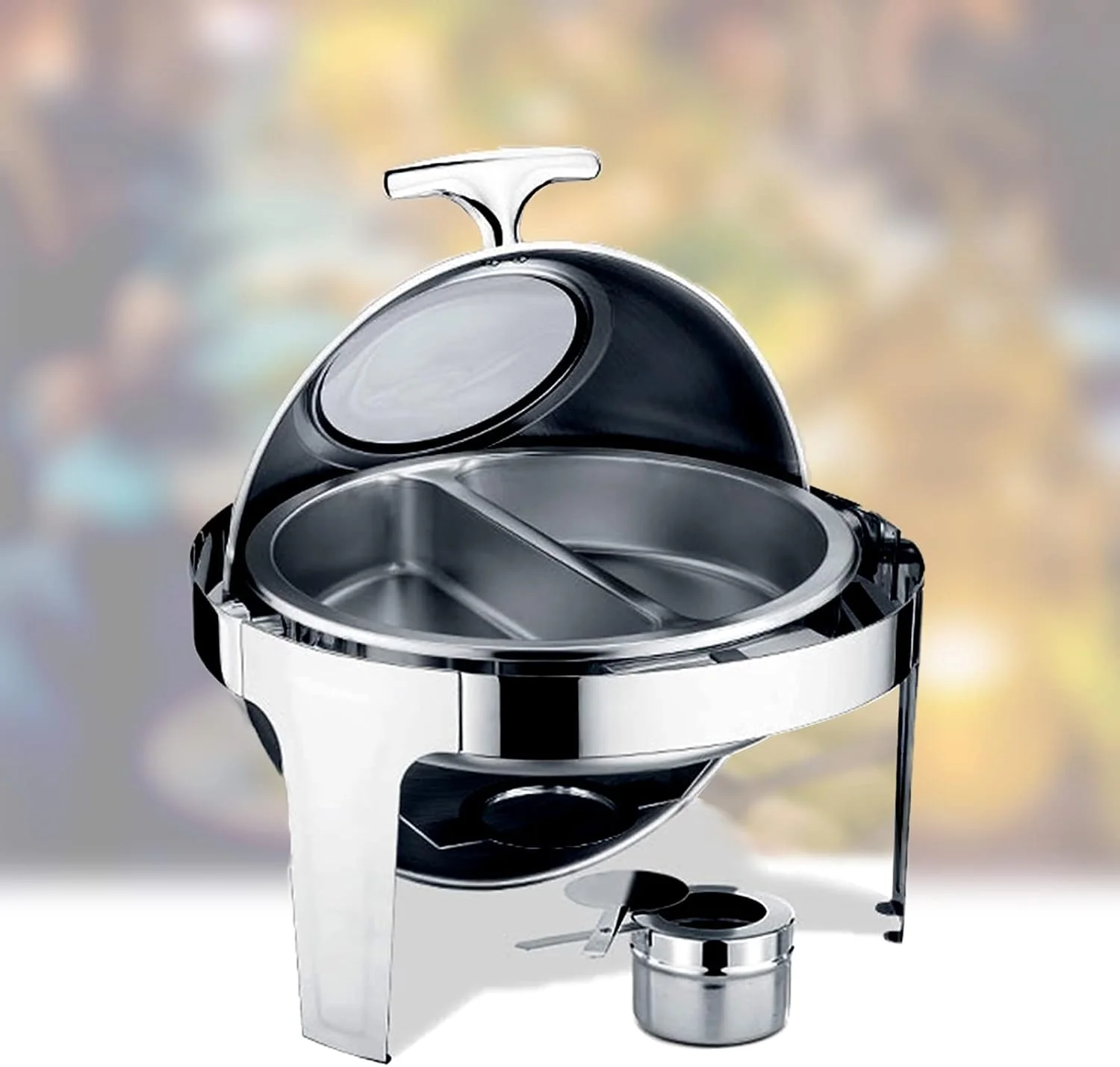 گرمکن غذا استیل ضد زنگ گرد، ست گرمکن بوفه، ست استیل گرد با ظرف غذا، ظرف آب و نگهدارنده سوخت، الکل GN1/2