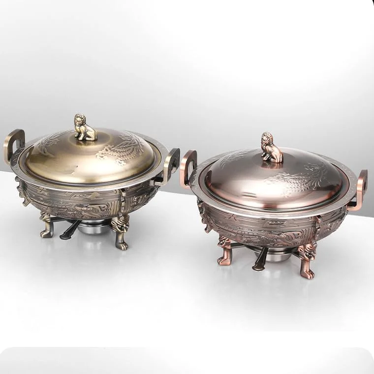 گرمکن غذای استیل گرد با ظرف غذا، درب، قاب و جای سوخت برای مهمانی های آشپزخانه، هتل ها، غذاخوری، برنزی