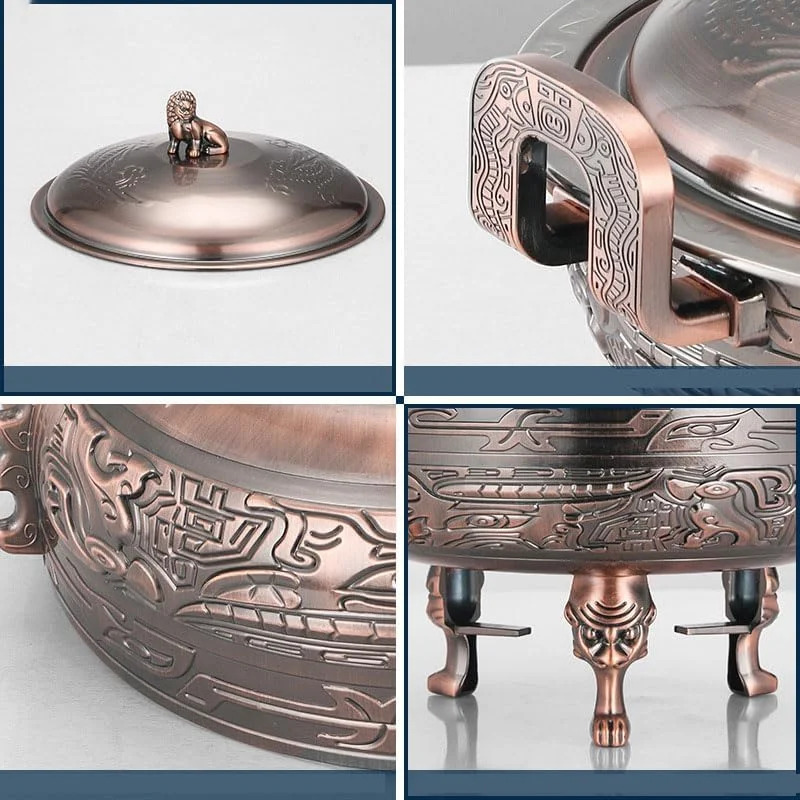 گرمکن غذای استیل گرد با ظرف غذا، درب، قاب و جای سوخت برای مهمانی های آشپزخانه، هتل ها، غذاخوری، برنزی گرمکن غذای استیل گرد با ظرف غذا، درب، قاب و جای سوخت برای مهمانی های آشپزخانه، هتل ها، غذاخوری، برنزی