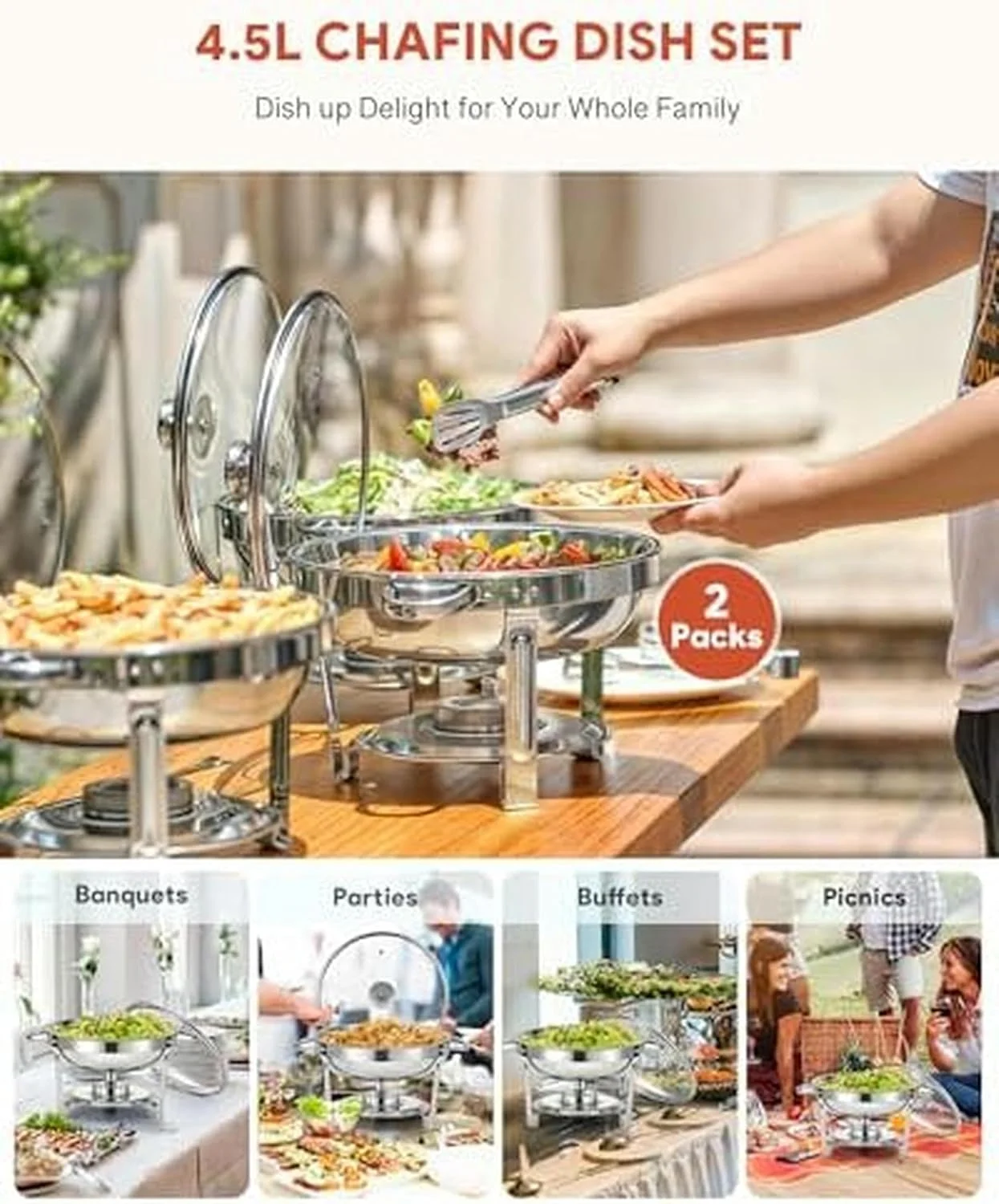 ست گرم نگهدارنده غذا بوفه، شامل 4 عدد ظرف گرم نگهدارنده گرد از جنس استیل ضد زنگ، گرم کننده غذا با درب، ظروف غذا و نگهدارنده سوخت، سینی بوفه 5 لیتری برای مهمانی ها و رستوران ها (4.5 لیتر، 2 عدد) ست گرم نگهدارنده غذا بوفه، شامل 4 عدد ظرف گرم نگهدارنده گرد از جنس استیل ضد زنگ، گرم کننده غذا با درب، ظروف غذا و نگهدارنده سوخت، سینی بوفه 5 لیتری برای مهمانی ها و رستوران ها (4.5 لیتر، 2 عدد)