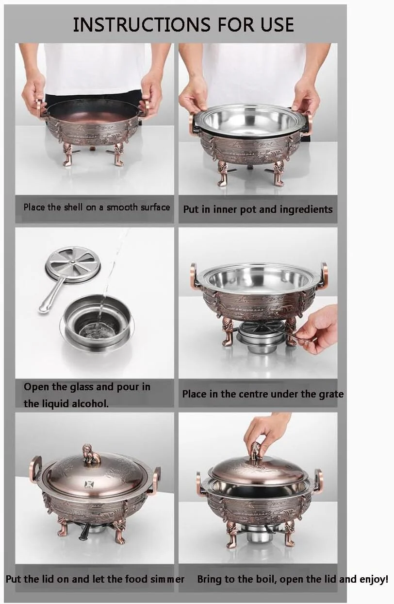 گرمکن غذای استیل گرد با ظرف غذا، درب، قاب و جای سوخت برای مهمانی های آشپزخانه، هتل ها، غذاخوری، برنزی گرمکن غذای استیل گرد با ظرف غذا، درب، قاب و جای سوخت برای مهمانی های آشپزخانه، هتل ها، غذاخوری، برنزی