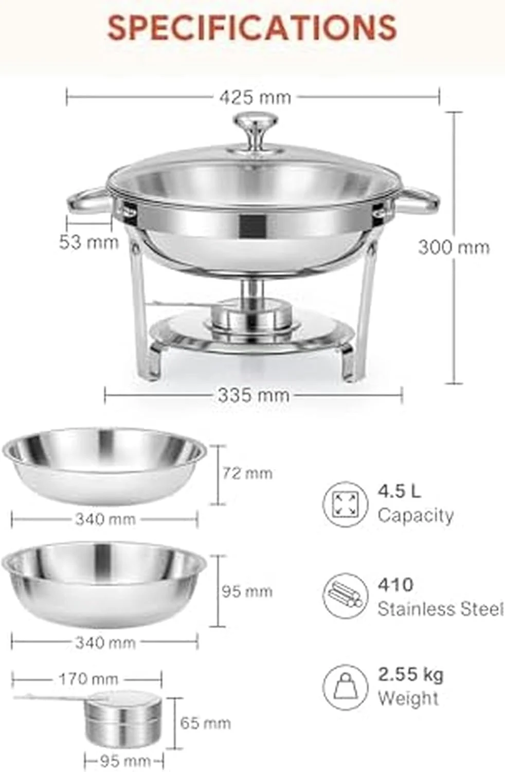 ست گرم نگهدارنده غذا بوفه، شامل 4 عدد ظرف گرم نگهدارنده گرد از جنس استیل ضد زنگ، گرم کننده غذا با درب، ظروف غذا و نگهدارنده سوخت، سینی بوفه 5 لیتری برای مهمانی ها و رستوران ها (4.5 لیتر، 2 عدد) ست گرم نگهدارنده غذا بوفه، شامل 4 عدد ظرف گرم نگهدارنده گرد از جنس استیل ضد زنگ، گرم کننده غذا با درب، ظروف غذا و نگهدارنده سوخت، سینی بوفه 5 لیتری برای مهمانی ها و رستوران ها (4.5 لیتر، 2 عدد)