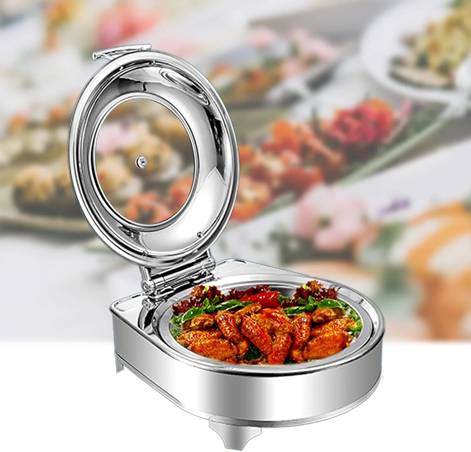 گرمکن غذا گرد 6 لیتری، گرمکن حرفه ای غذا از جنس استیل ضد زنگ با درب شفاف PC، مناسب برای بوفه ها و مهمانی ها، GN1/1