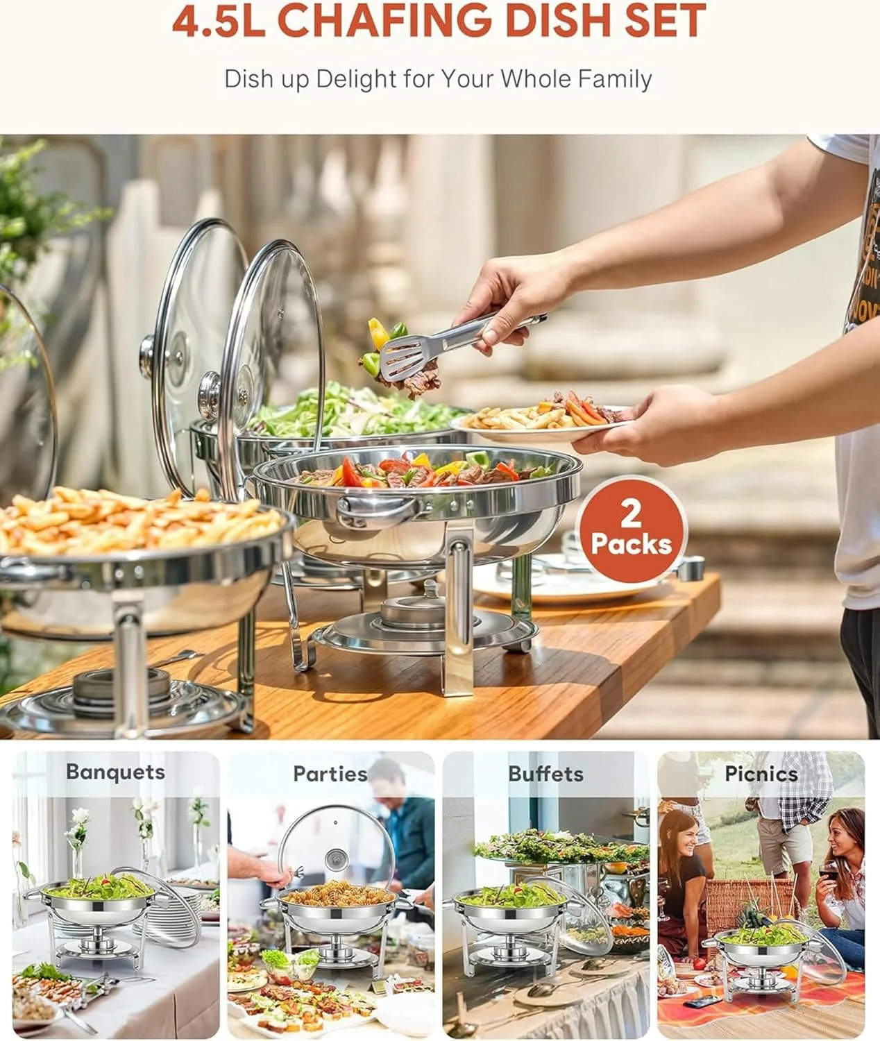 ست گرم نگهدارنده غذا بوفه، شامل 4 عدد ظرف گرم نگهدارنده گرد از جنس استیل ضد زنگ، گرم کننده غذا با درب، ظروف غذا و نگهدارنده سوخت، سینی بوفه 5 لیتری برای مهمانی ها و رستوران ها (4.5 لیتر، 2 عدد) ست گرم نگهدارنده غذا بوفه، شامل 4 عدد ظرف گرم نگهدارنده گرد از جنس استیل ضد زنگ، گرم کننده غذا با درب، ظروف غذا و نگهدارنده سوخت، سینی بوفه 5 لیتری برای مهمانی ها و رستوران ها (4.5 لیتر، 2 عدد)