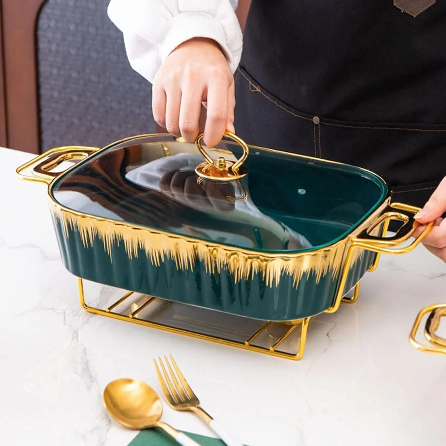 گرمکن غذا بوفه، ظرف گرم کننده سرامیکی، مناسب برای مهمانی ها، عروسی ها و رویدادهای پذیرایی - ست بوفه برای ضیافت ها و بوفه ها (سبز-2.3 لیتر)