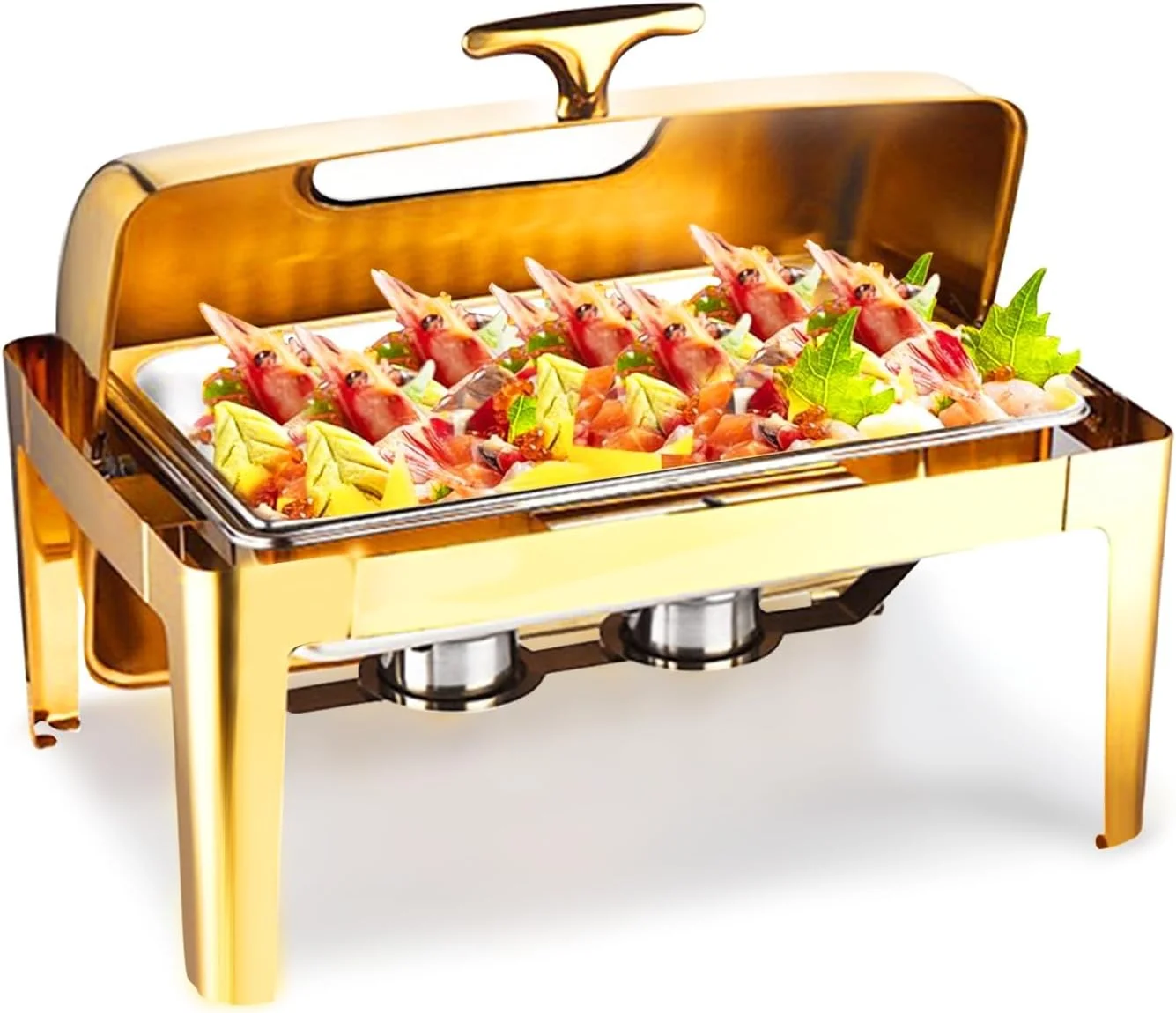 ظروف گرم نگهدارنده غذا طلایی 9 کوارت مناسب بوفه، ظرف بوفه، گرم کننده غذا برای پذیرایی، ست گرم نگهدارنده بوفه، سرور و گرم کننده بوفه استیل ضد زنگ با درب شیشه ای، مستطیل 1 عدد
