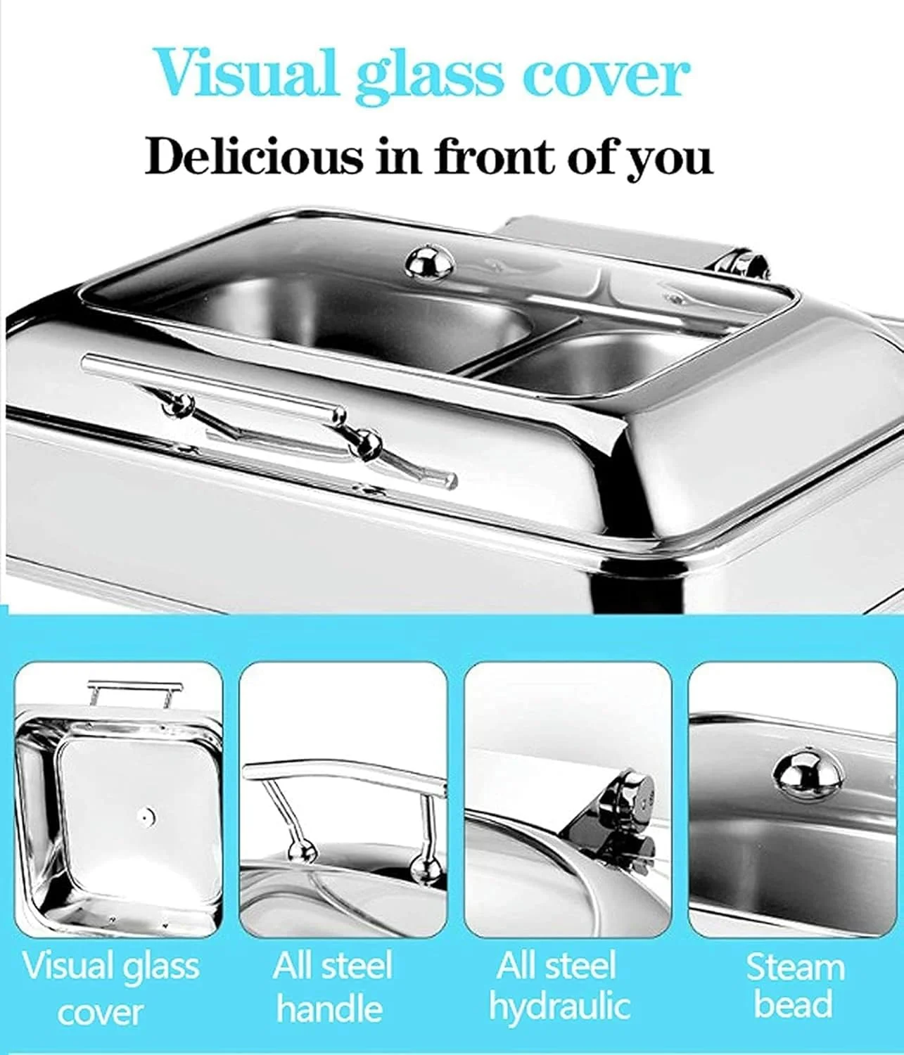 ظروف گرم نگهدارنده غذا، گرم کننده برقی بوفه مربع شکل با درب های شیشه ای، مناسب مهمانی ها و بوفه، 6 لیتر - دمای قابل تنظیم