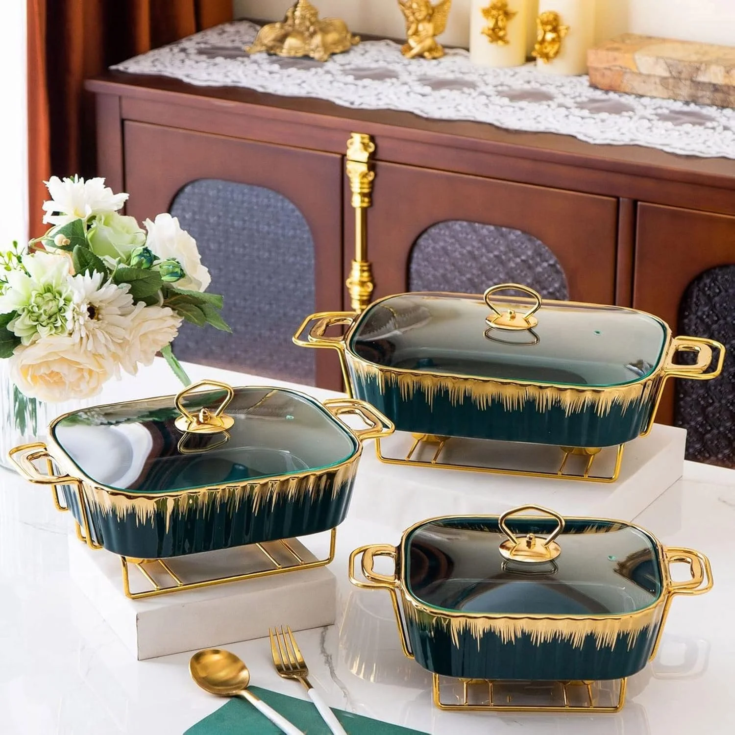 گرمکن غذا بوفه، ظرف گرم کننده سرامیکی، مناسب برای مهمانی ها، عروسی ها و رویدادهای پذیرایی - ست بوفه برای ضیافت ها و بوفه ها (سبز-2.3 لیتر)