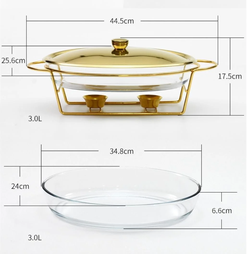 ظروف گرم نگهدارنده شیشه ای غذا مناسب برای بوفه، رستوران، ظروف گرمایشی غذا با ظرفیت بزرگ به همراه قاشق و اجاق الکلی (تکی 3 لیتری)