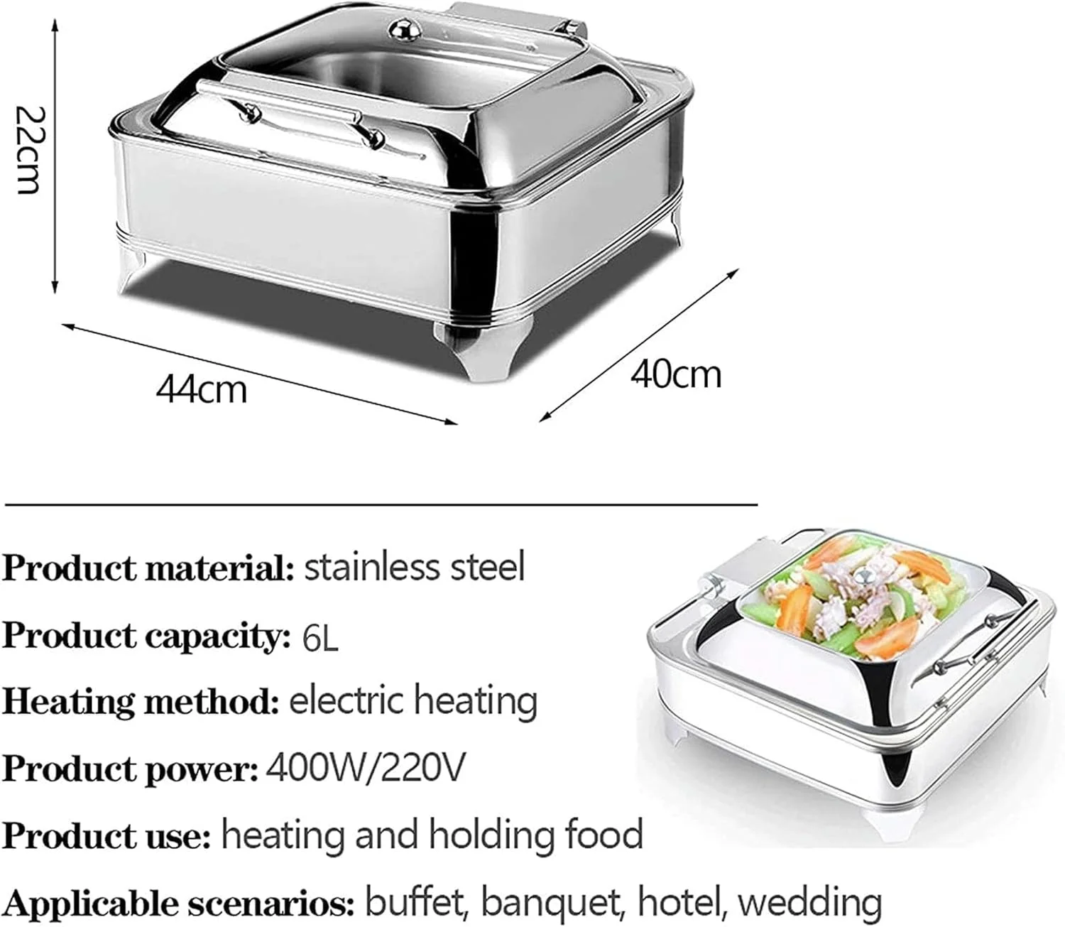 ظروف گرم نگهدارنده غذا، گرم کننده برقی بوفه مربع شکل با درب های شیشه ای، مناسب مهمانی ها و بوفه، 6 لیتر - دمای قابل تنظیم