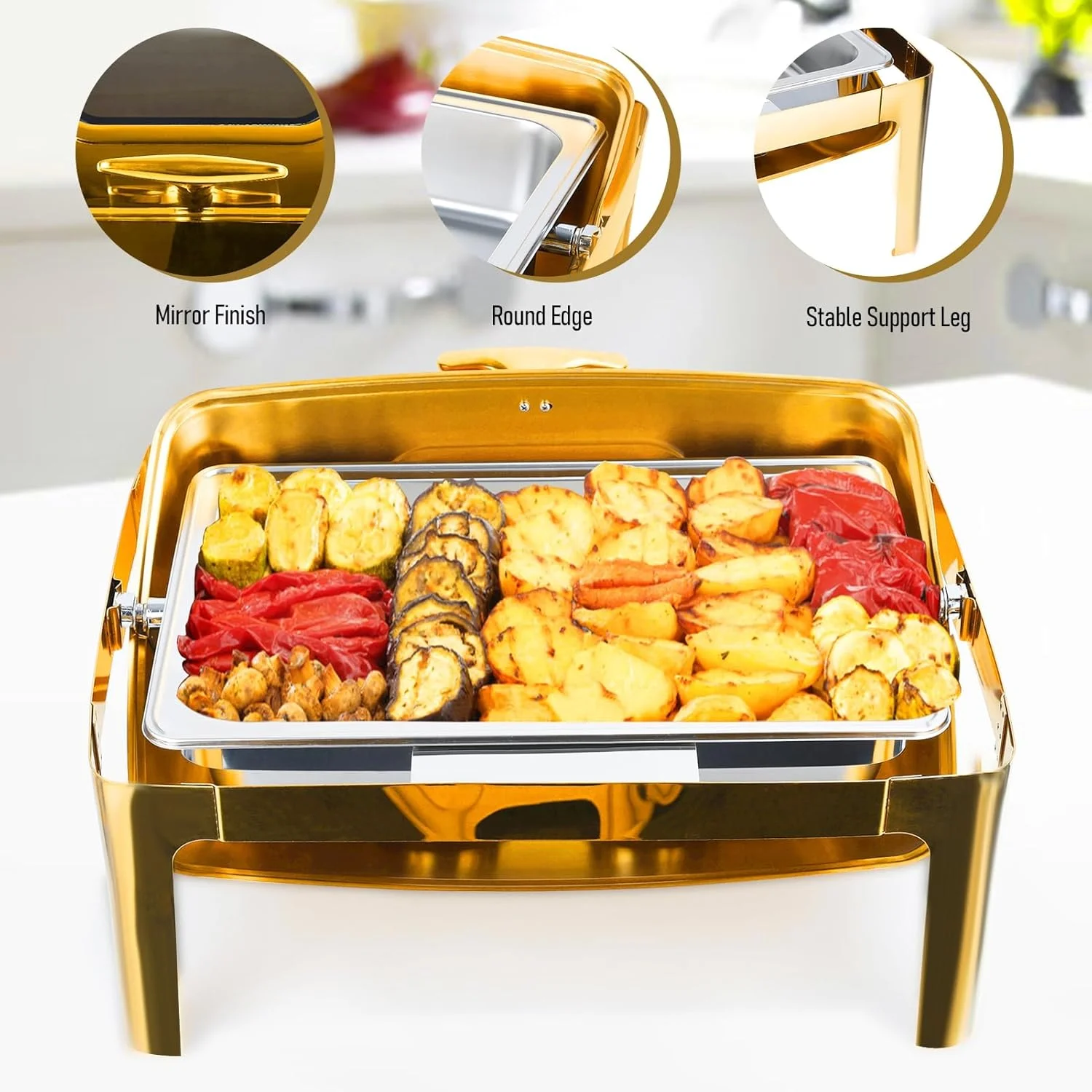 ظروف گرم نگهدارنده غذا طلایی 9 کوارت مناسب بوفه، ظرف بوفه، گرم کننده غذا برای پذیرایی، ست گرم نگهدارنده بوفه، سرور و گرم کننده بوفه استیل ضد زنگ با درب شیشه ای، مستطیل 1 عدد