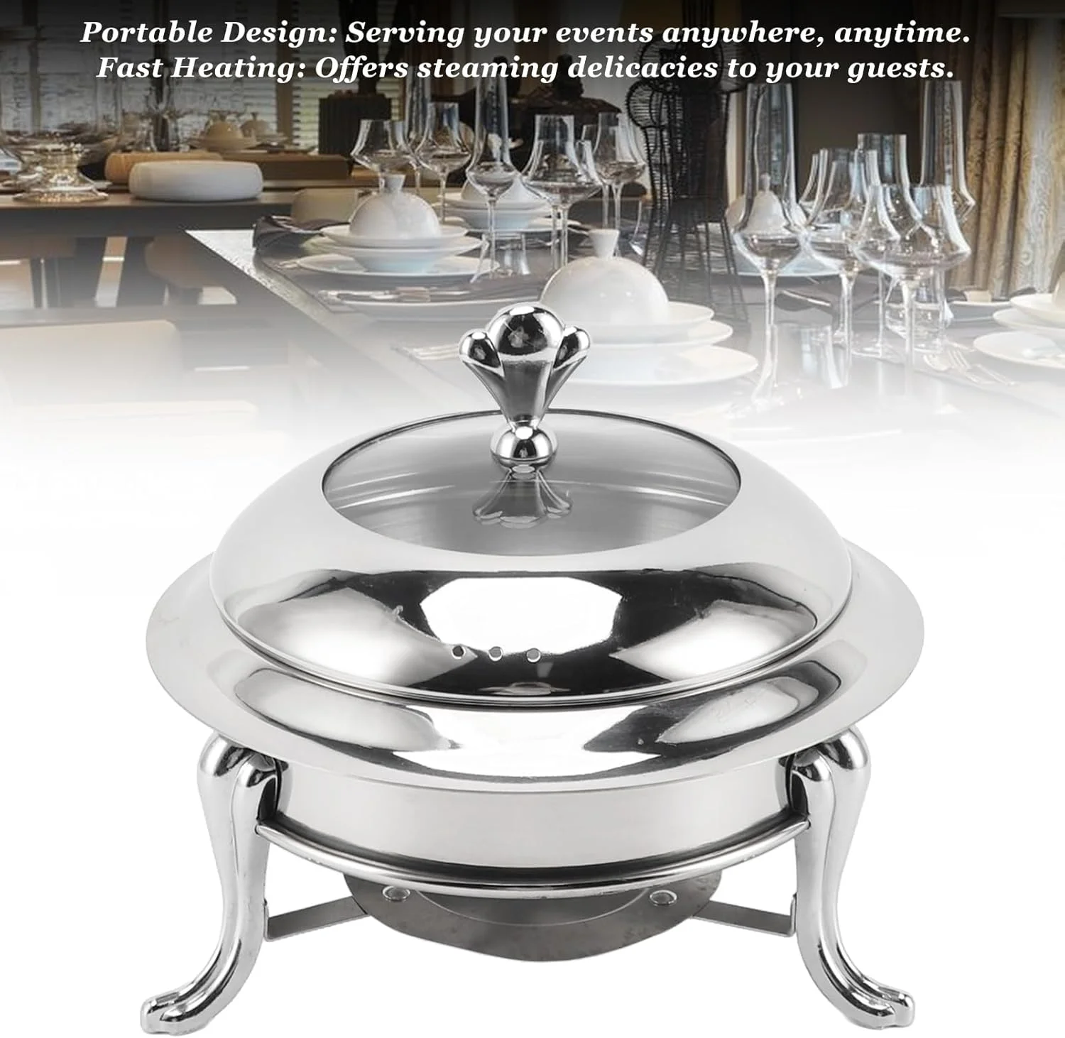 ظروف گرم نگهدارنده غذا برای بوفه، ظروف گرم کننده برای پذیرایی، ست بوفه ظرف گرم کننده گرد استیل ضد زنگ با درب، ست های گرم کننده غذا، گرم کننده و سرو کننده بوفه برای مهمانی