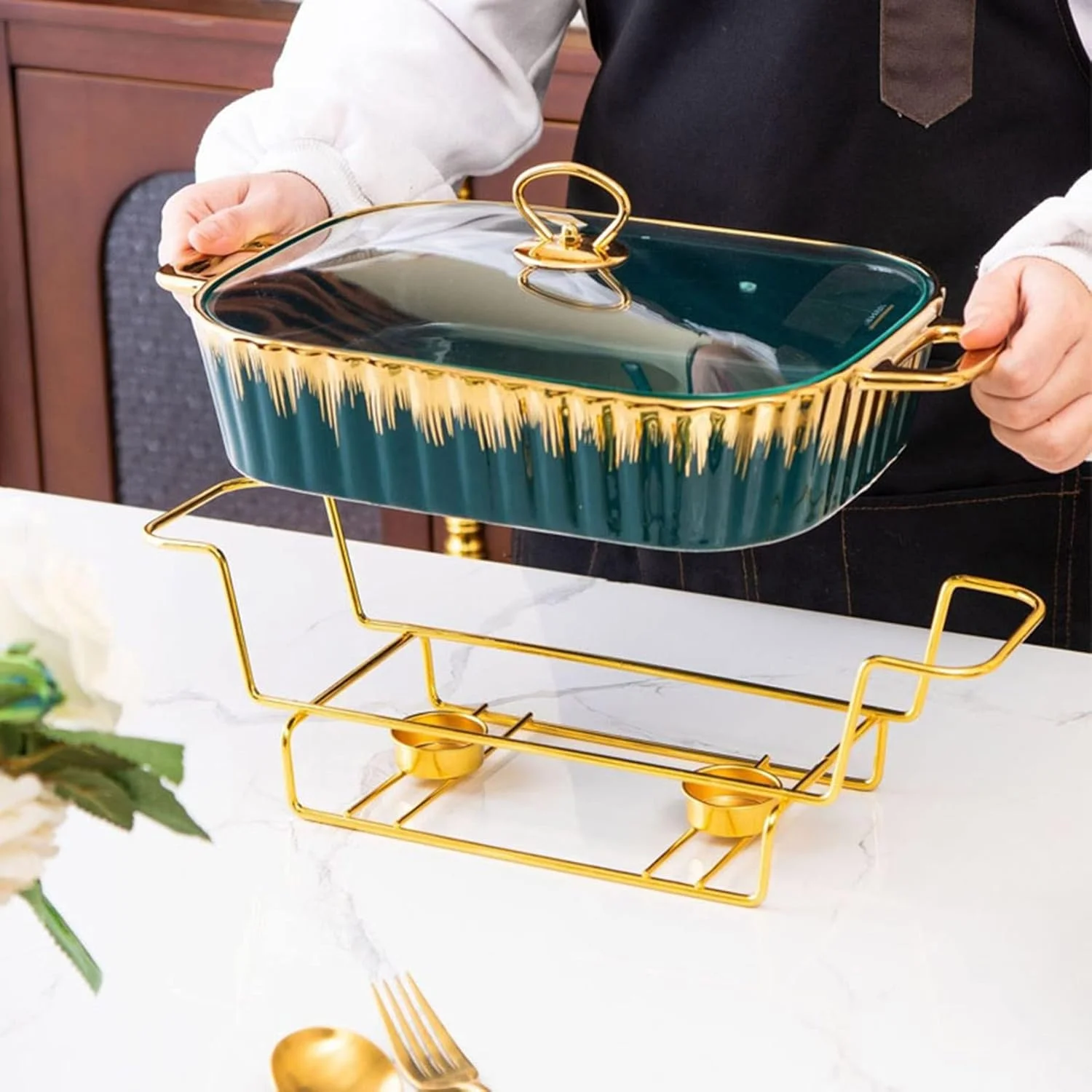 گرمکن غذا بوفه، ظرف گرم کننده سرامیکی، مناسب برای مهمانی ها، عروسی ها و رویدادهای پذیرایی - ست بوفه برای ضیافت ها و بوفه ها (سبز-2.3 لیتر)