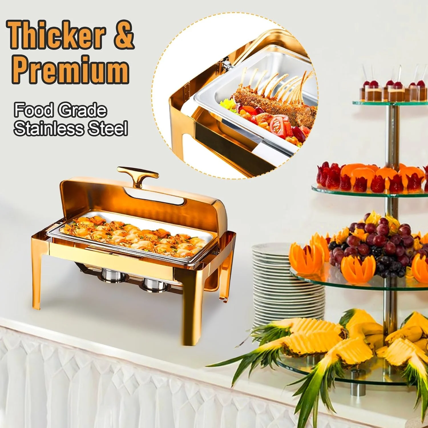 ظروف گرم نگهدارنده غذا طلایی 9 کوارت مناسب بوفه، ظرف بوفه، گرم کننده غذا برای پذیرایی، ست گرم نگهدارنده بوفه، سرور و گرم کننده بوفه استیل ضد زنگ با درب شیشه ای، مستطیل 1 عدد