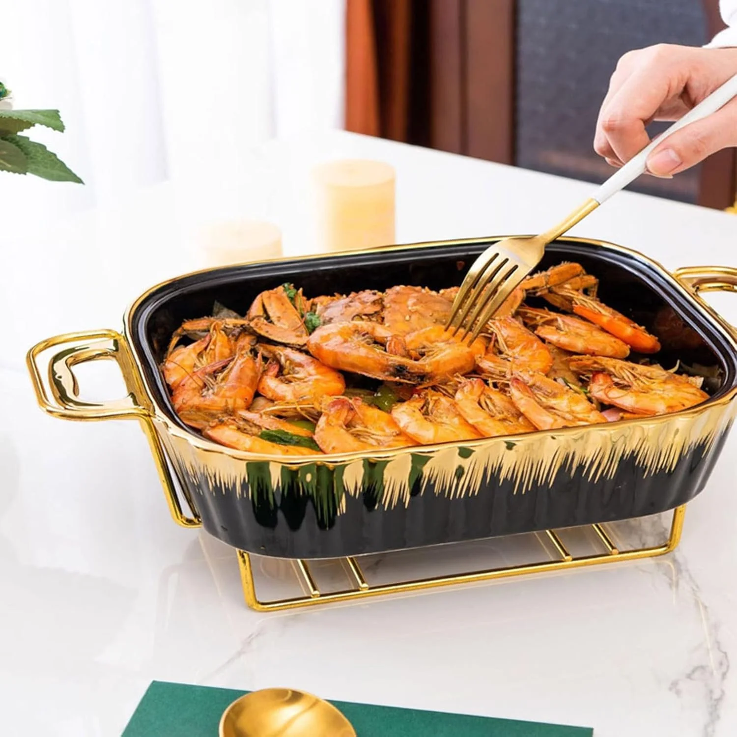 گرمکن غذا بوفه، ظرف گرم کننده سرامیکی، مناسب برای مهمانی ها، عروسی ها و رویدادهای پذیرایی - ست بوفه برای ضیافت ها و بوفه ها (سبز-2.3 لیتر)