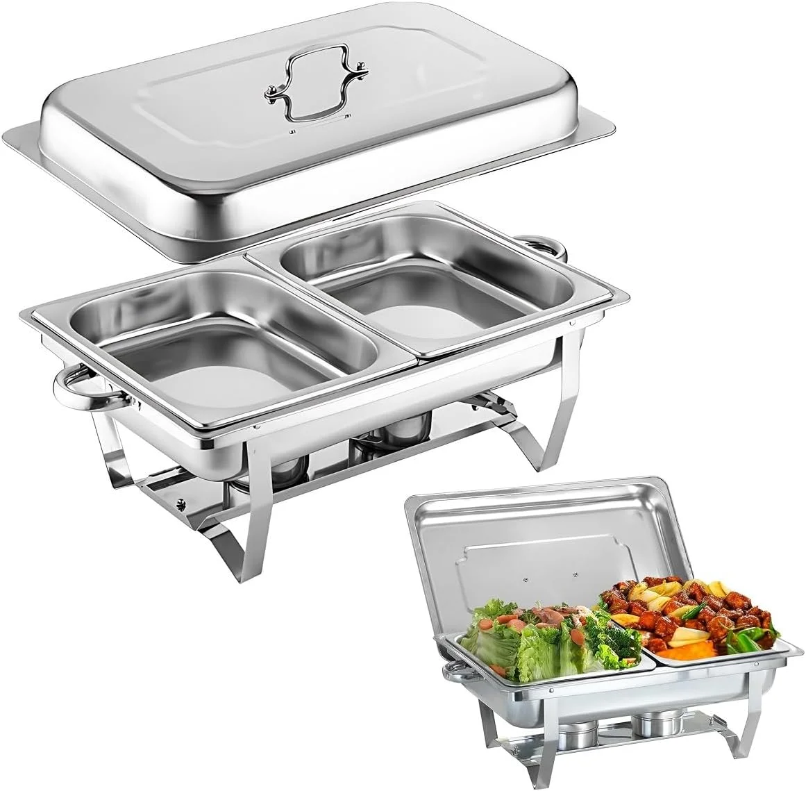 ست بوفه گرم نگهدارنده غذا، گرمکن غذا، استیل ضد زنگ مستطیلی با 2 عدد ظرف غذا با سایز 1/2، درب و جای سوخت، مناسب رستوران، عروسی، مهمانی و هتل
