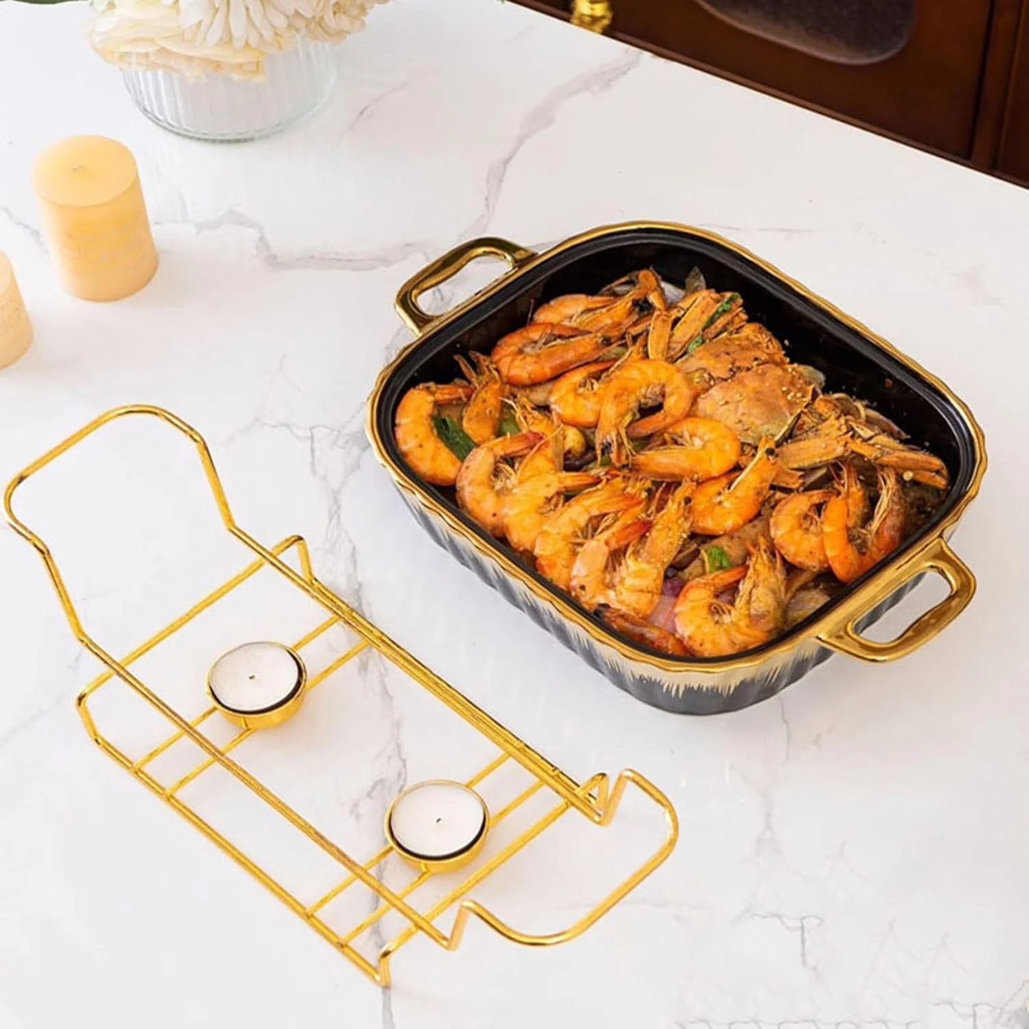 گرمکن غذا بوفه، ظرف گرم کننده سرامیکی، مناسب برای مهمانی ها، عروسی ها و رویدادهای پذیرایی - ست بوفه برای ضیافت ها و بوفه ها (سبز-2.3 لیتر)