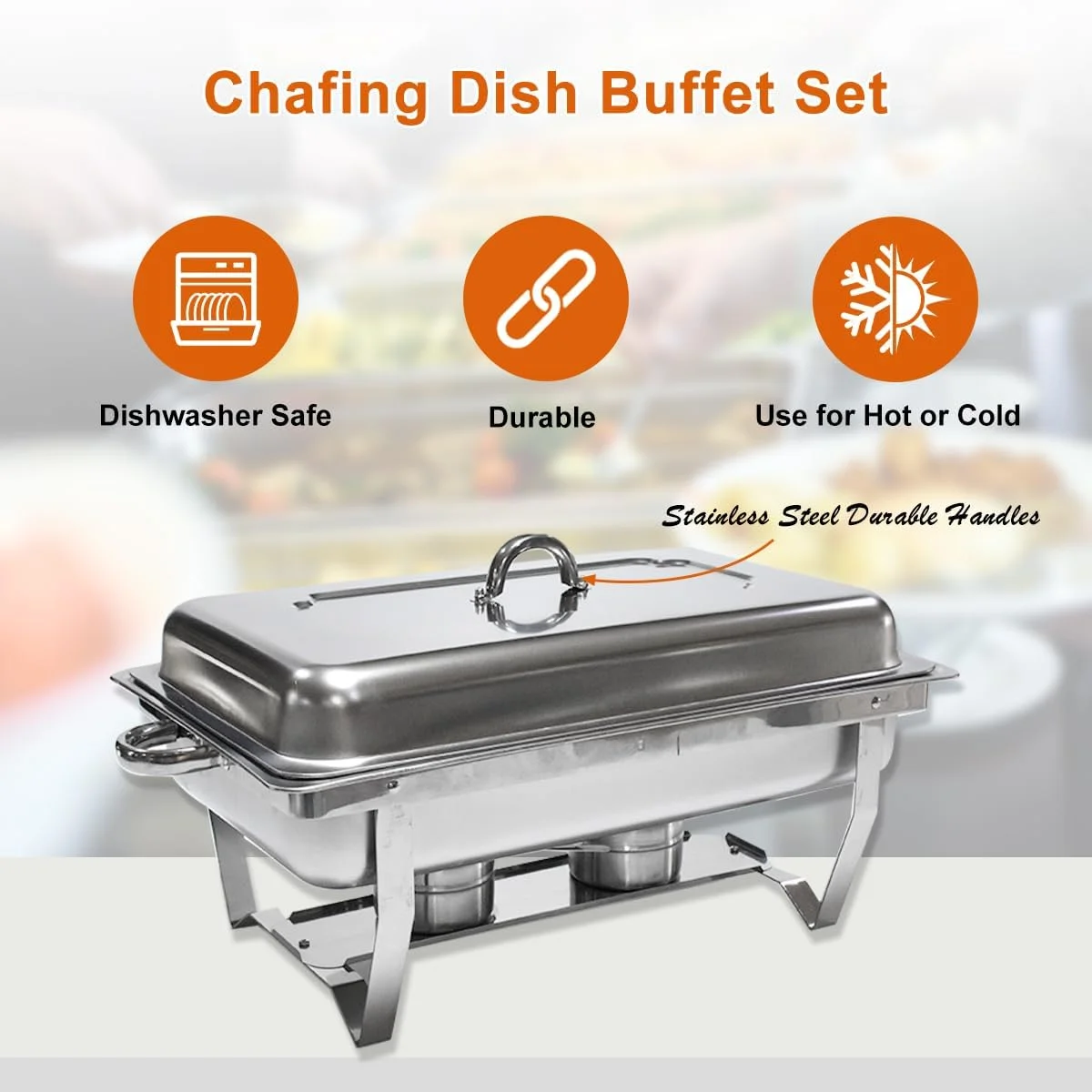 ست بوفه گرم نگهدارنده غذا، گرمکن غذا، استیل ضد زنگ مستطیلی با 2 عدد ظرف غذا با سایز 1/2، درب و جای سوخت، مناسب رستوران، عروسی، مهمانی و هتل