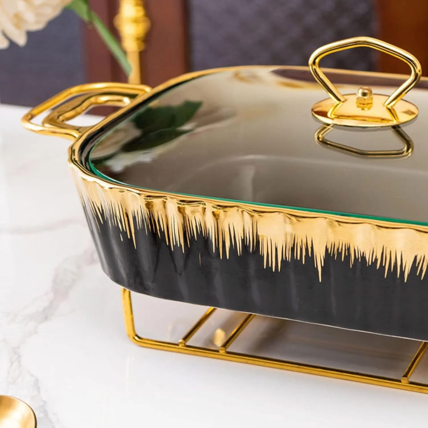 گرمکن غذا بوفه، ظرف گرم کننده سرامیکی، مناسب برای مهمانی ها، عروسی ها و رویدادهای پذیرایی - ست بوفه برای ضیافت ها و بوفه ها (سبز-2.3 لیتر)