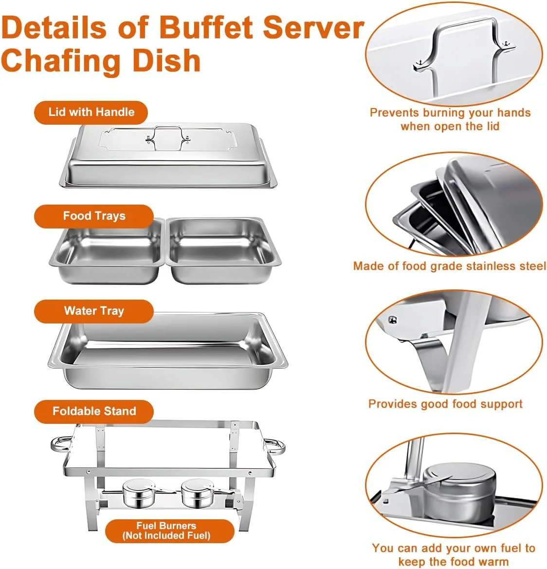 ست بوفه گرم نگهدارنده غذا، گرمکن غذا، استیل ضد زنگ مستطیلی با 2 عدد ظرف غذا با سایز 1/2، درب و جای سوخت، مناسب رستوران، عروسی، مهمانی و هتل