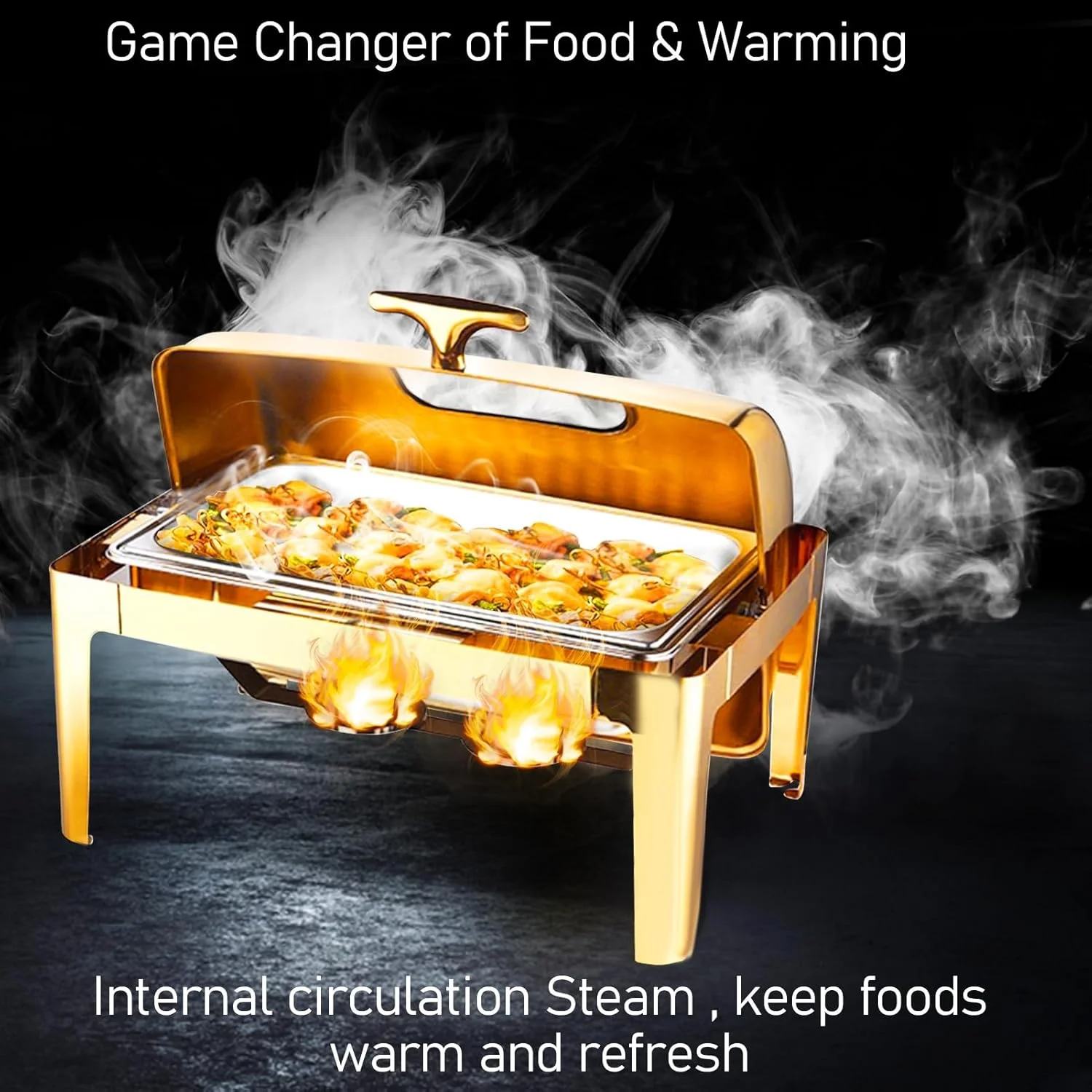 ظروف گرم نگهدارنده غذا طلایی 9 کوارت مناسب بوفه، ظرف بوفه، گرم کننده غذا برای پذیرایی، ست گرم نگهدارنده بوفه، سرور و گرم کننده بوفه استیل ضد زنگ با درب شیشه ای، مستطیل 1 عدد