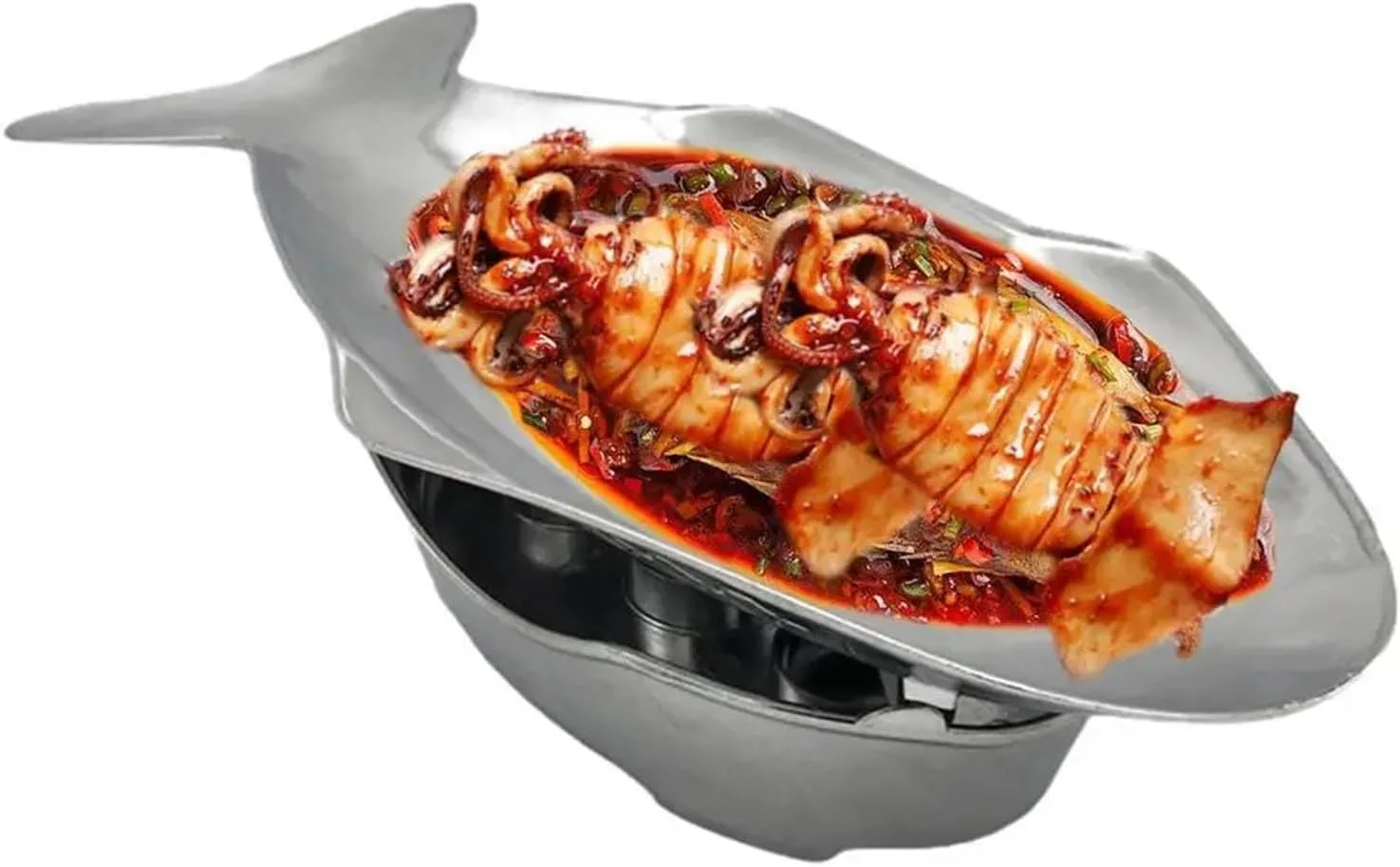 گرم نگهدارنده غذا، ظرف گرمکن بوفه، سینی ماهی شکل آلومینیومی برای مهمانی ها، بوفه ها، پذیرایی ها، ضیافت ها، عروسی ها، تک رنگ