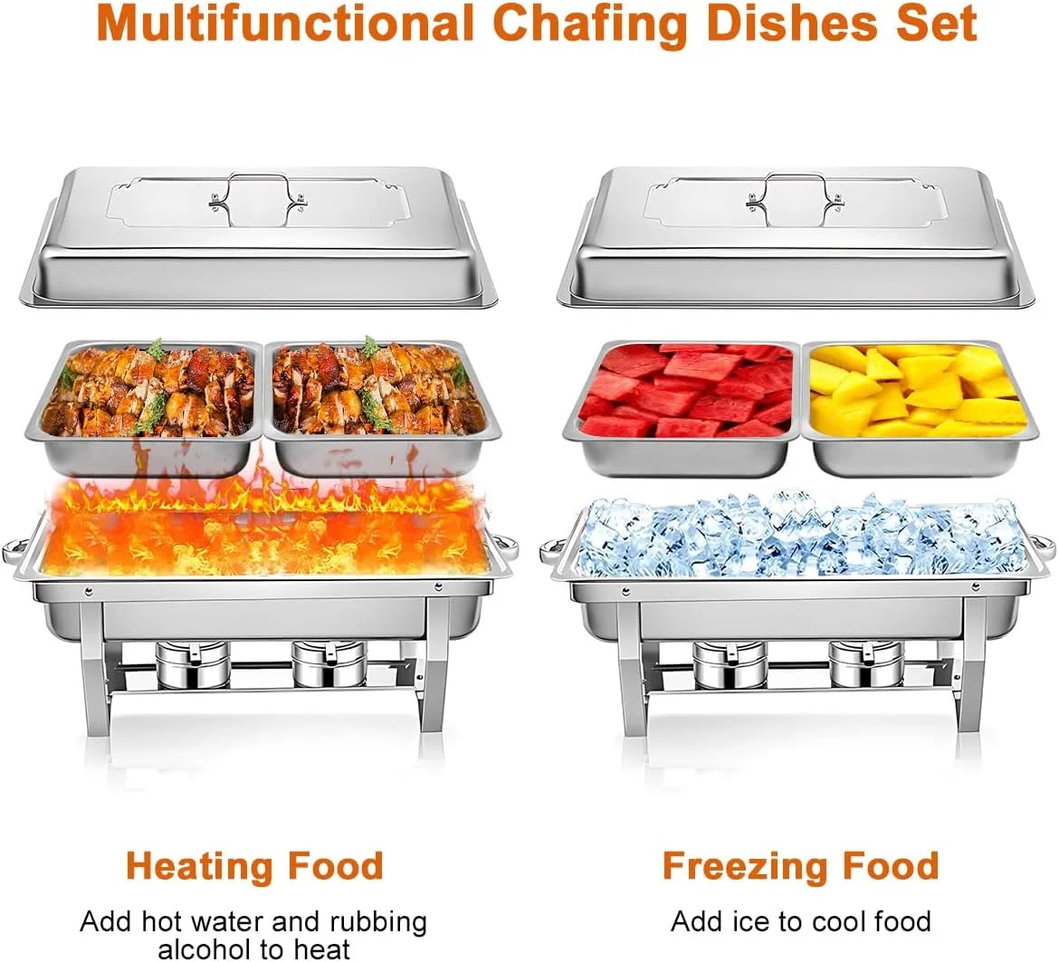 ست بوفه گرم نگهدارنده غذا، گرمکن غذا، استیل ضد زنگ مستطیلی با 2 عدد ظرف غذا با سایز 1/2، درب و جای سوخت، مناسب رستوران، عروسی، مهمانی و هتل