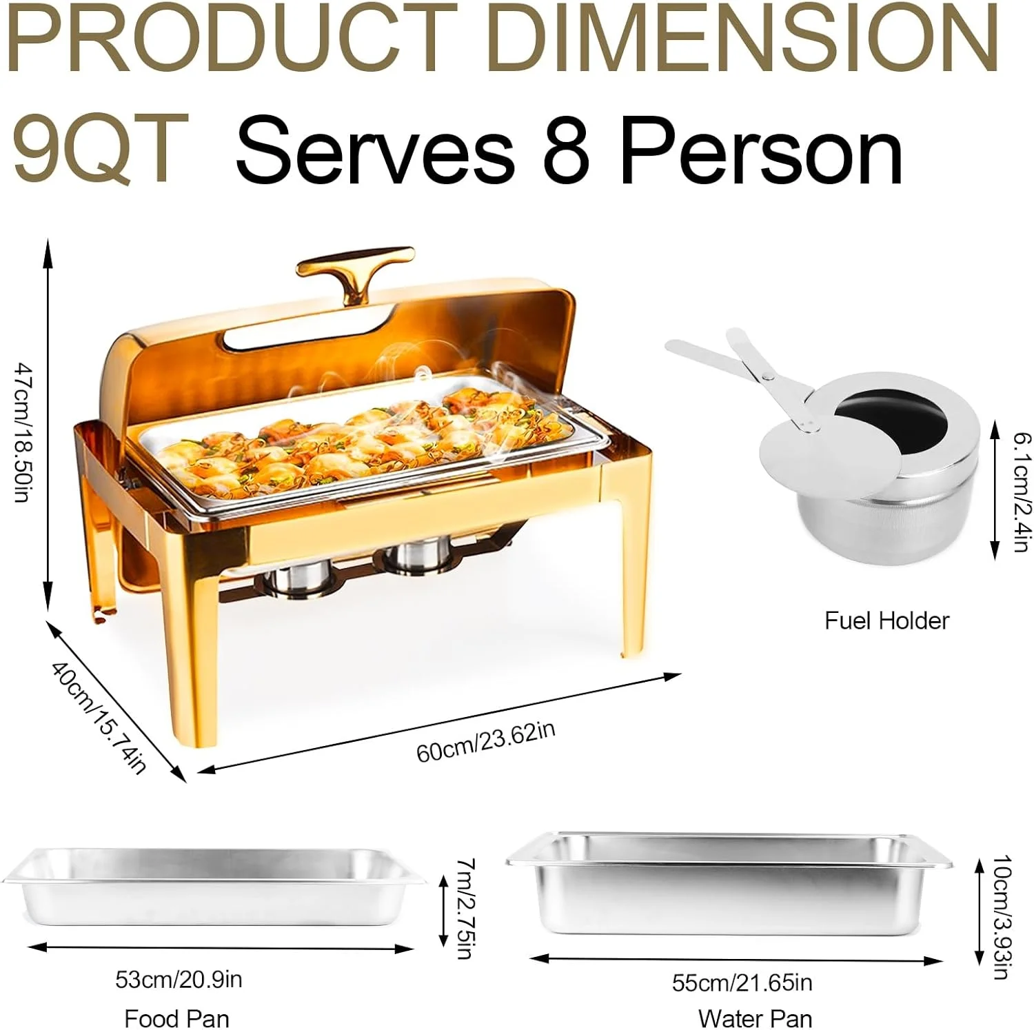 ظروف گرم نگهدارنده غذا طلایی 9 کوارت مناسب بوفه، ظرف بوفه، گرم کننده غذا برای پذیرایی، ست گرم نگهدارنده بوفه، سرور و گرم کننده بوفه استیل ضد زنگ با درب شیشه ای، مستطیل 1 عدد