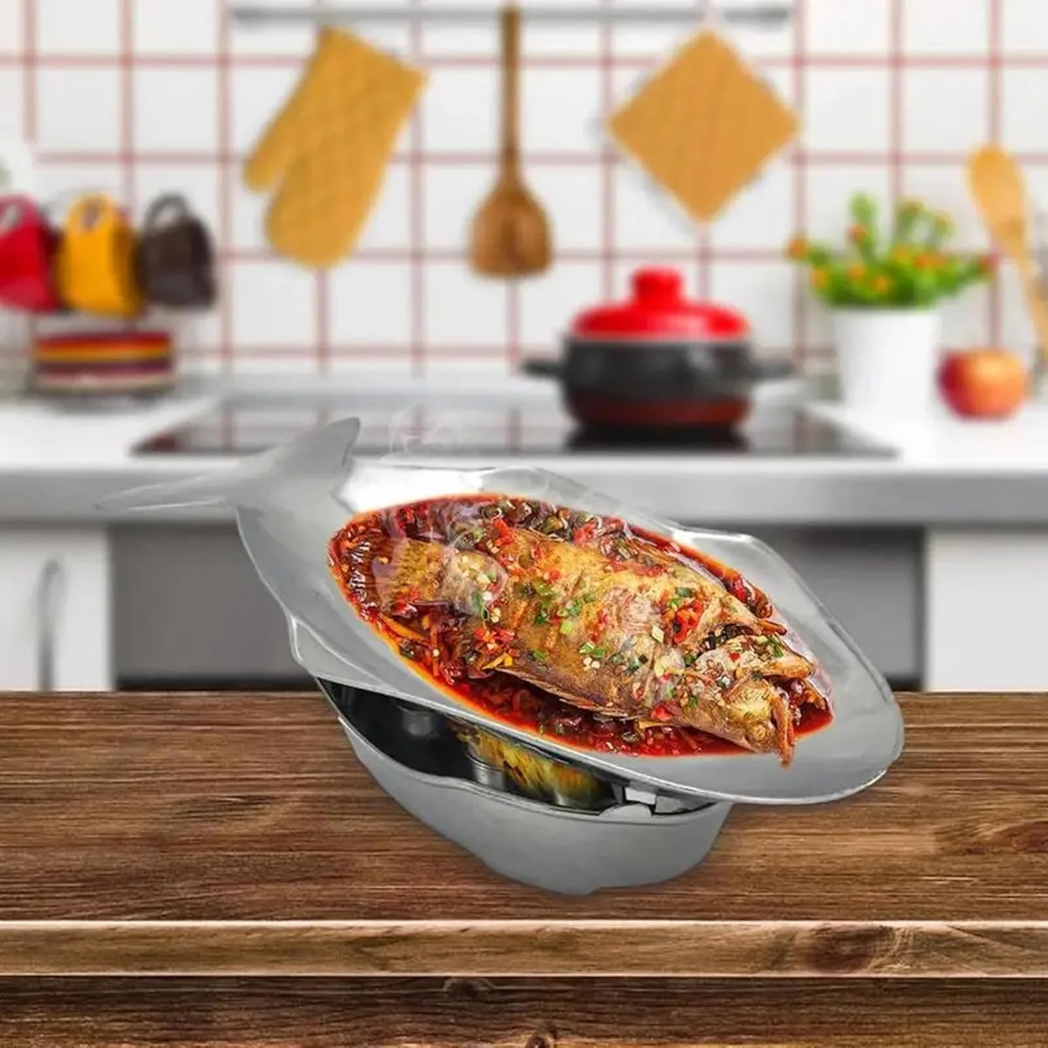 گرم نگهدارنده غذا، ظرف گرمکن بوفه، سینی ماهی شکل آلومینیومی برای مهمانی ها، بوفه ها، پذیرایی ها، ضیافت ها، عروسی ها، تک رنگ