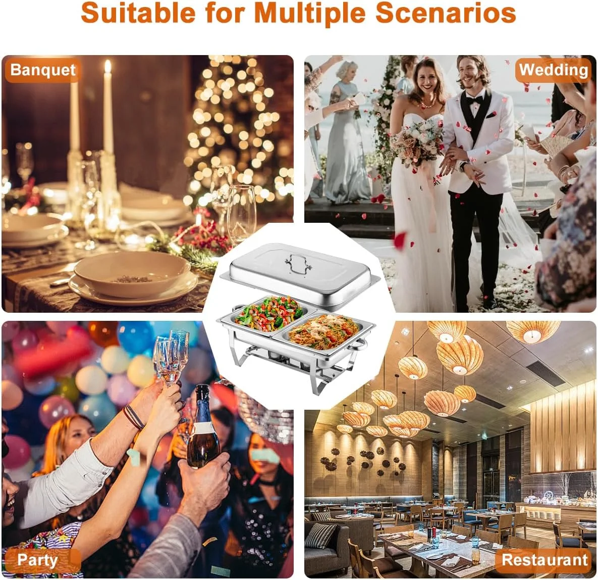 ست بوفه گرم نگهدارنده غذا، گرمکن غذا، استیل ضد زنگ مستطیلی با 2 عدد ظرف غذا با سایز 1/2، درب و جای سوخت، مناسب رستوران، عروسی، مهمانی و هتل