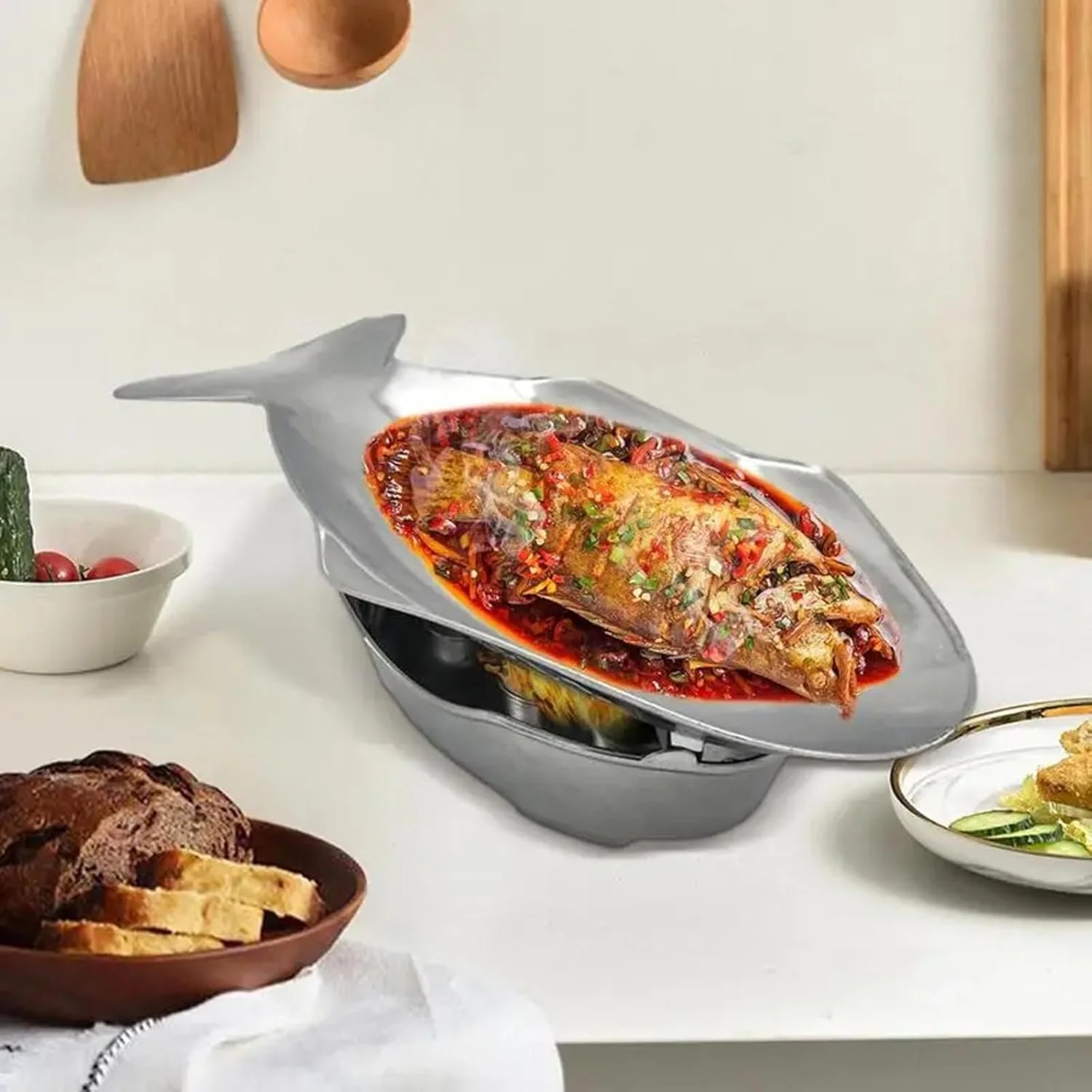 گرم نگهدارنده غذا، ظرف گرمکن بوفه، سینی ماهی شکل آلومینیومی برای مهمانی ها، بوفه ها، پذیرایی ها، ضیافت ها، عروسی ها، تک رنگ