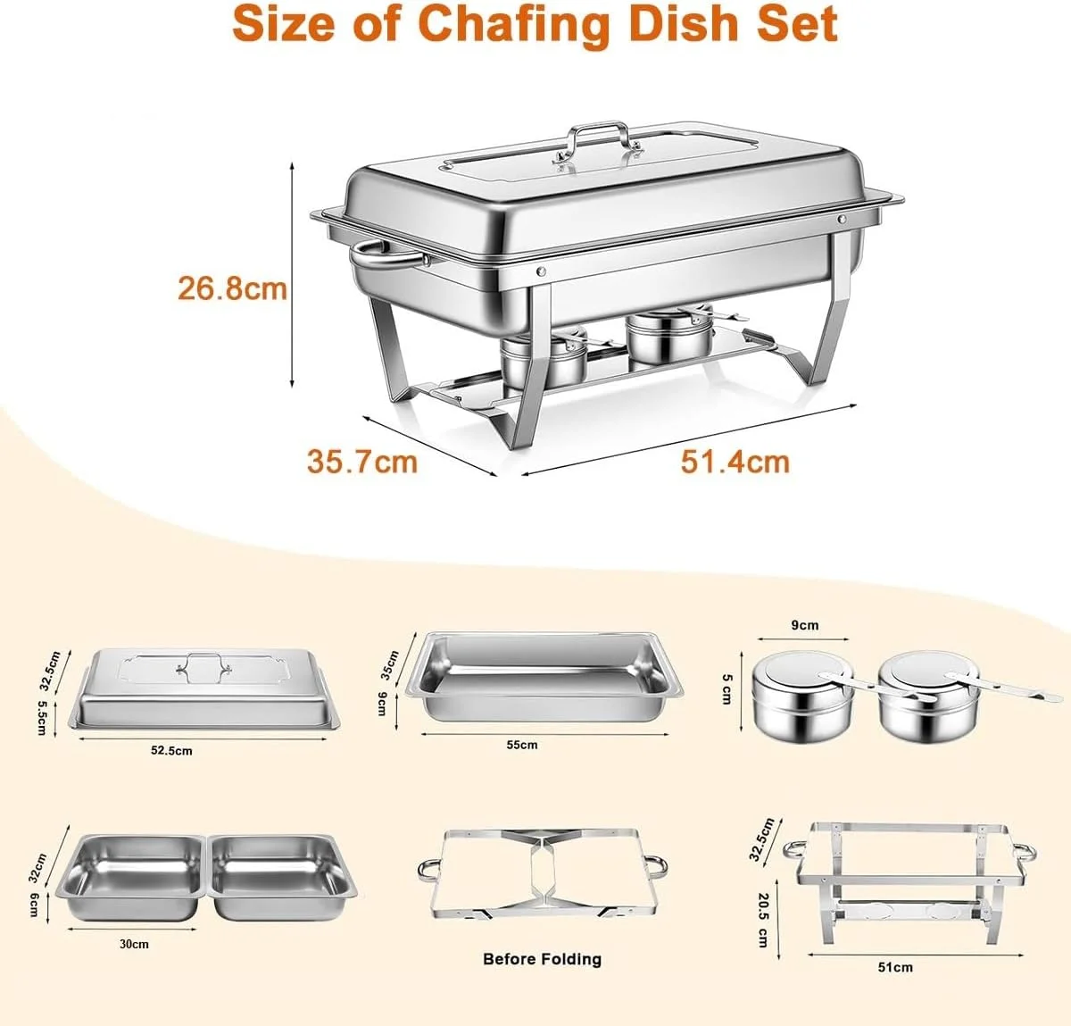 ست بوفه گرم نگهدارنده غذا، گرمکن غذا، استیل ضد زنگ مستطیلی با 2 عدد ظرف غذا با سایز 1/2، درب و جای سوخت، مناسب رستوران، عروسی، مهمانی و هتل