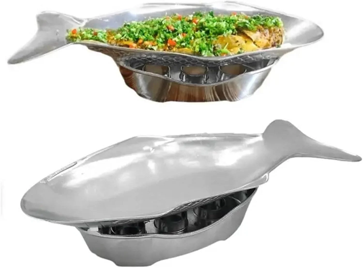 گرم نگهدارنده غذا، ظرف گرمکن بوفه، سینی ماهی شکل آلومینیومی برای مهمانی ها، بوفه ها، پذیرایی ها، ضیافت ها، عروسی ها، تک رنگ