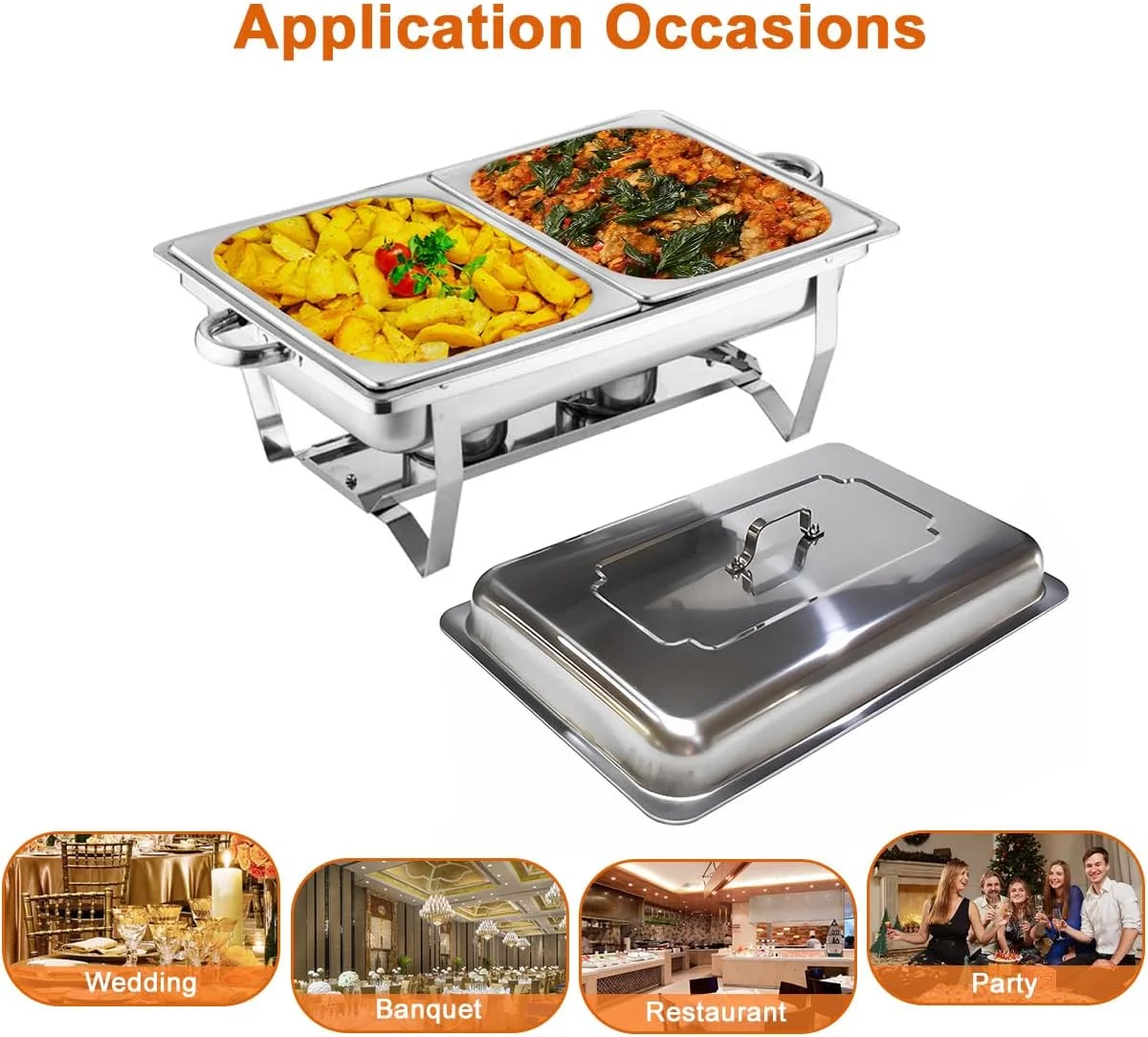 ست بوفه گرم نگهدارنده غذا، گرمکن غذا، استیل ضد زنگ مستطیلی با 2 عدد ظرف غذا با سایز 1/2، درب و جای سوخت، مناسب رستوران، عروسی، مهمانی و هتل