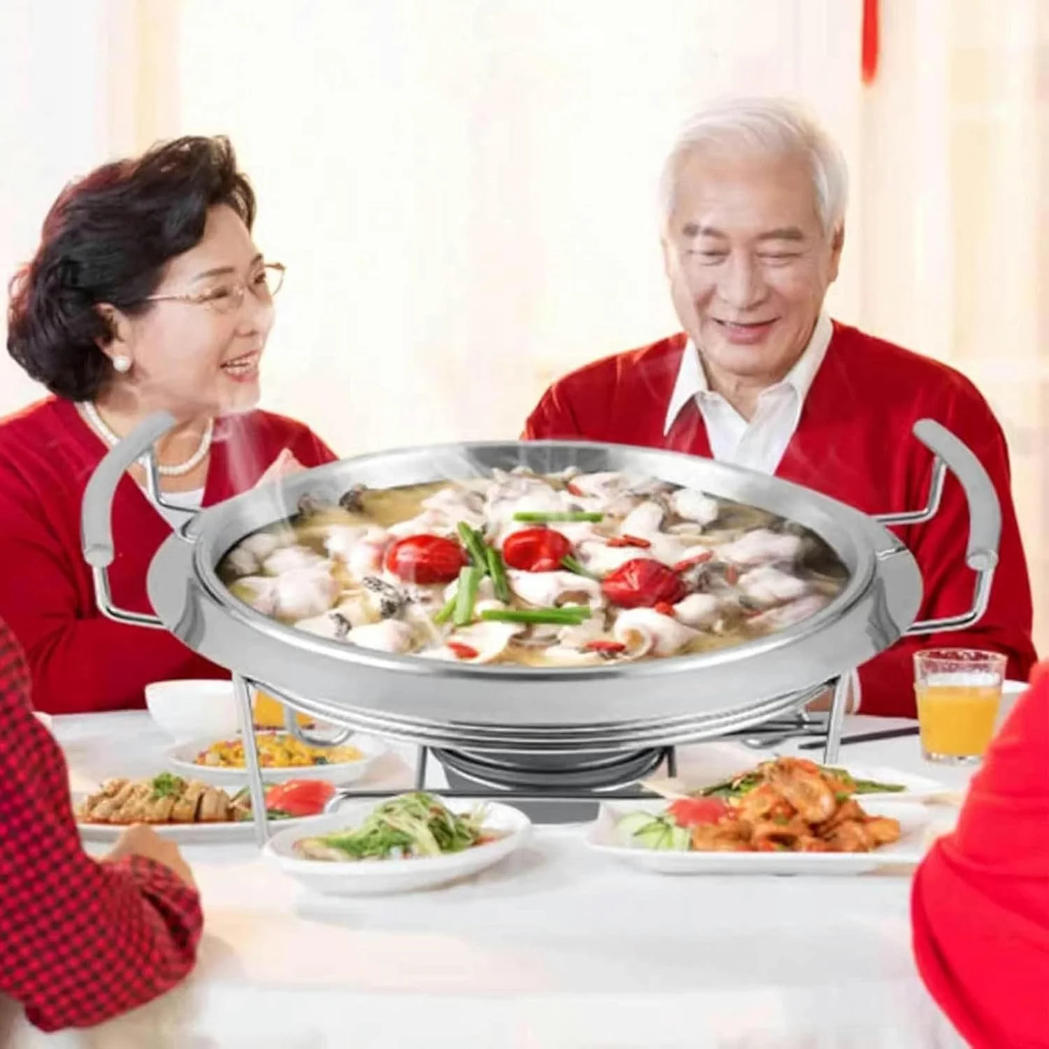 ظرف گرم نگهدارنده غذا برای بوفه، گرم کننده غذا برای پذیرایی، ظروف گرم نگهدارنده گرد برای بوفه، سینی گرم کننده، استیل ضد زنگ با درب شیشه ای، برای مهمانی ها و شام ها (32.5x22 سانتی متر)