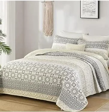 ست لحاف بوهو WONGS BEDDING سایز کامل، ست روتختی تکه دوزی راه راه بوهیمیایی بژ، ست ملحفه میکروفیبر 3 تکه برای تمام فصول (78"×90")