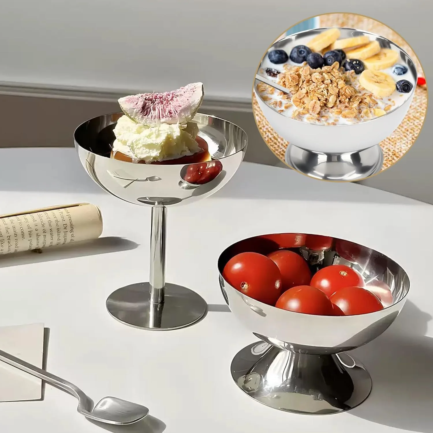 ست 2 عددی کاسه دسر استیل ضد زنگ Bssowe با پایه، فنجان دسر با پایه، فنجان بستنی استیل ضد زنگ، کاسه دسر فلزی، با دسته محکم و ضد لغزش، برای کیک، بستنی، ماست ست 2 عددی کاسه دسر استیل ضد زنگ Bssowe با پایه، فنجان دسر با پایه، فنجان بستنی استیل ضد زنگ، کاسه دسر فلزی، با دسته محکم و ضد لغزش، برای کیک، بستنی، ماست