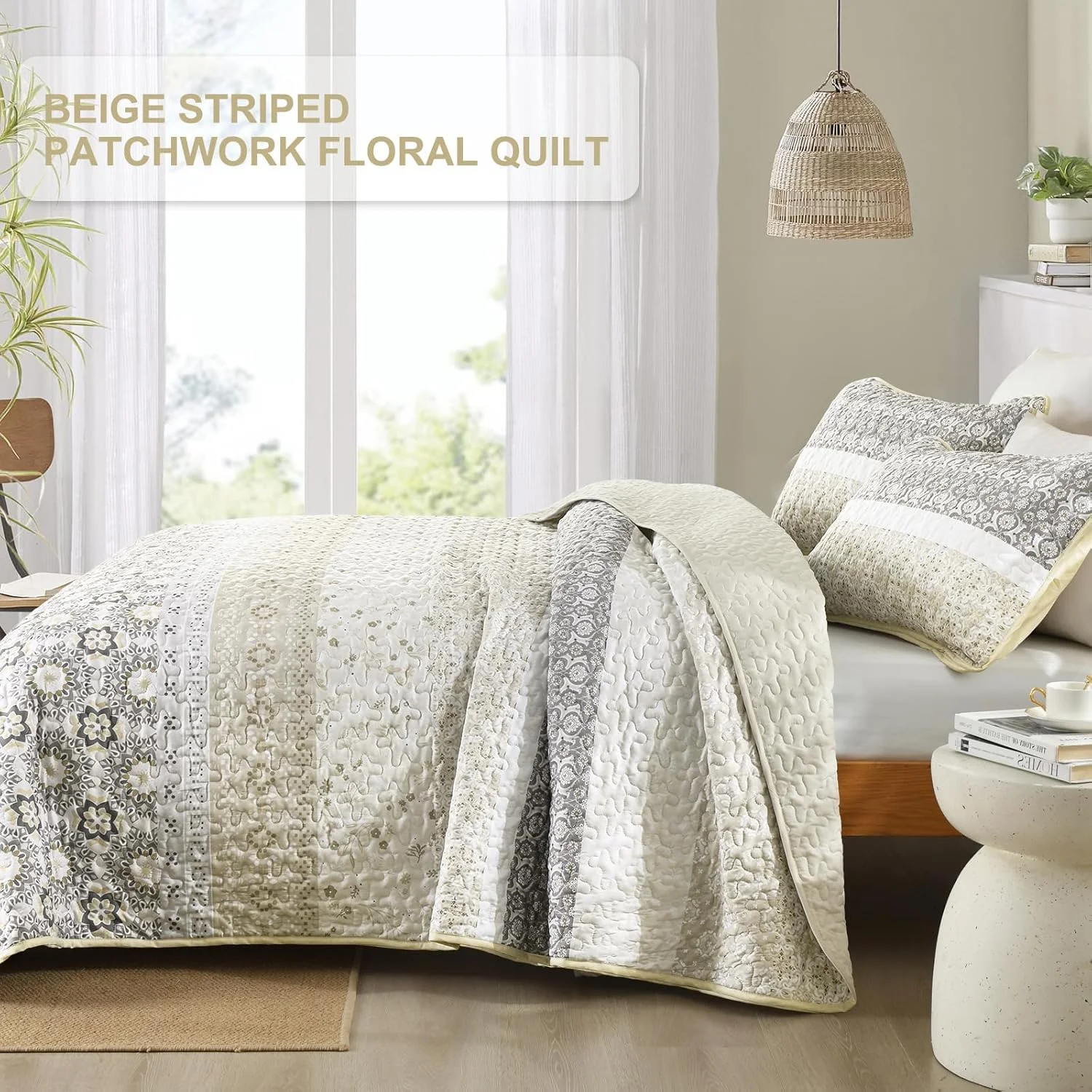 ست لحاف بوهو WONGS BEDDING سایز کامل، ست روتختی تکه دوزی راه راه بوهیمیایی بژ، ست ملحفه میکروفیبر 3 تکه برای تمام فصول (78"×90")