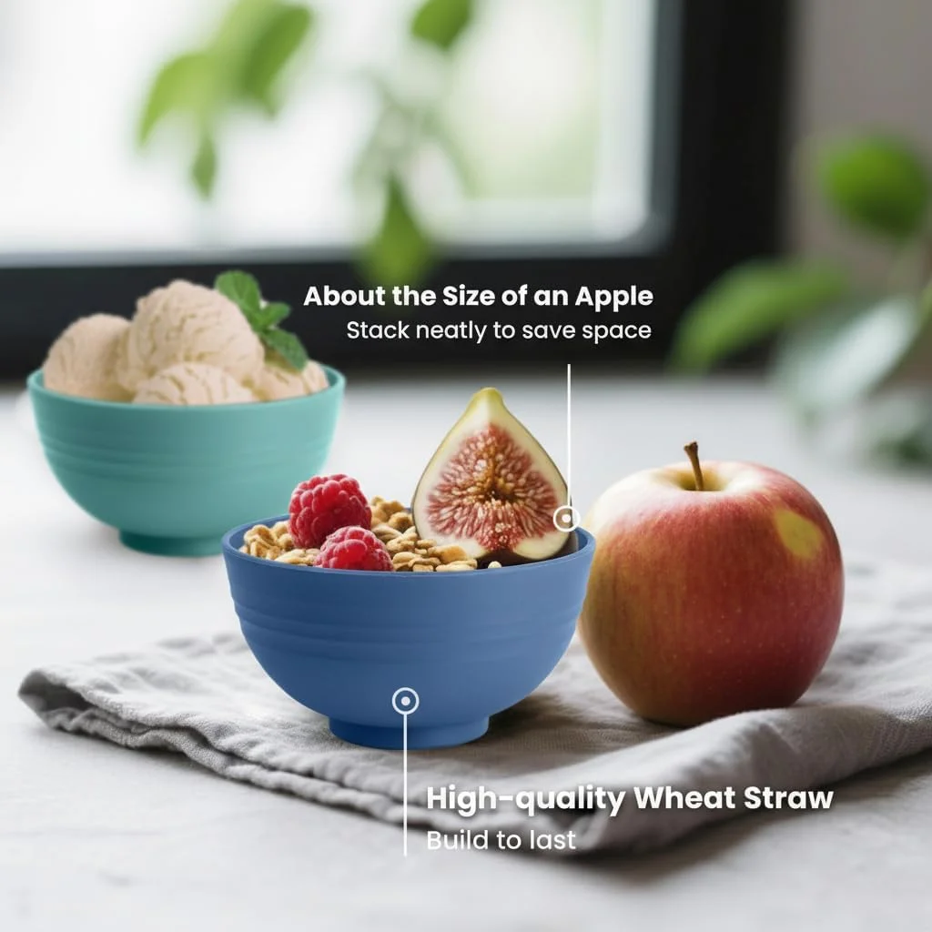 کاسه های کاه گندم BUSOKIP، مجموعه 8 عددی کاسه های اسنک 10 اونسی، کاسه های نشکن بستنی، کاسه های پلاستیکی قابل استفاده مجدد، کاسه های کوچک برای اسنک، دسر و پیش غذا (چند رنگ)