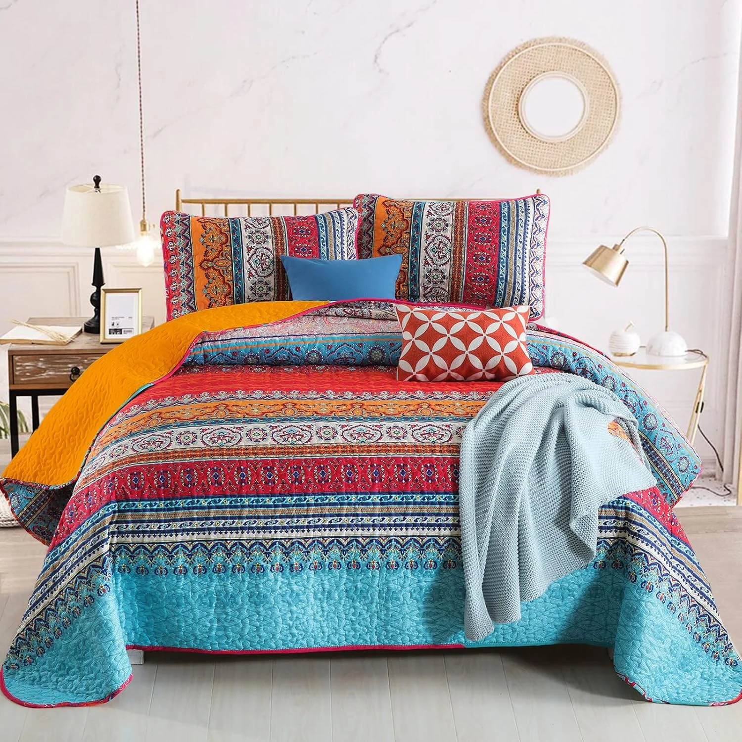 روتختی بوهو سایز کینگ WONGS BEDDING، روتختی کینگ نارنجی و آبی بوهمی، رو تختی سبک وزن مناسب تمام فصول برای دکور اتاق خواب 261x228 سانتی متر (3 تکه)