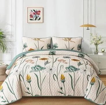 ست لحاف طرح گلدار WONGS BEDDING سایز Full، ست روتختی طرح گل و گیاه زرد و سبز با 2 روبالشتی، ست رو تختی سبک وزن بهاری مناسب تمام فصول (78"x90")