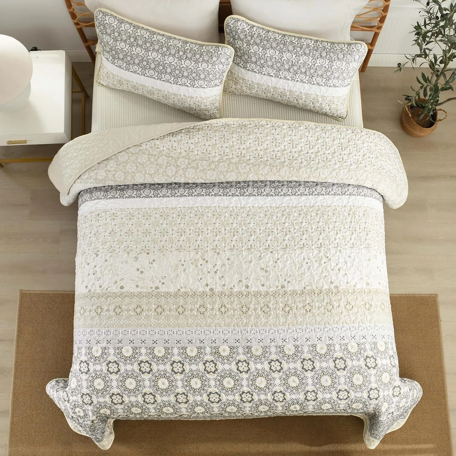 ست لحاف بوهو WONGS BEDDING سایز کامل، ست روتختی تکه دوزی راه راه بوهیمیایی بژ، ست ملحفه میکروفیبر 3 تکه برای تمام فصول (78"×90")