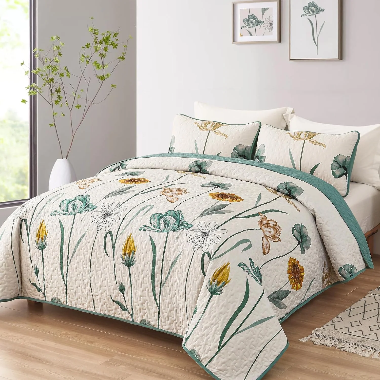 ست لحاف طرح گلدار WONGS BEDDING سایز Full، ست روتختی طرح گل و گیاه زرد و سبز با 2 روبالشتی، ست رو تختی سبک وزن بهاری مناسب تمام فصول (78"x90")