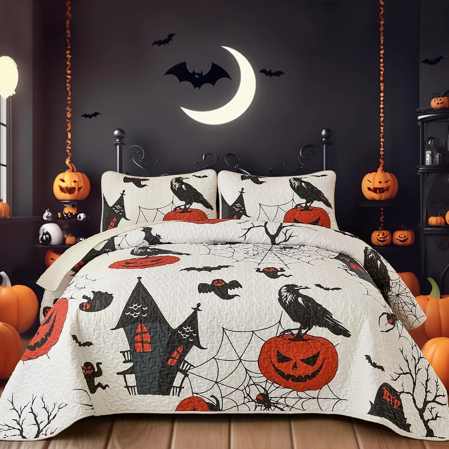 ست لحاف سه تکه هالووین WONGS BEDDING سایز کوئین، طرح روح سیاه، خفاش، کدو تنبل و عنکبوت، ست روتختی با تم تعطیلات، ست رو تختی تزئینی با 2 روبالشی (96"x 90")