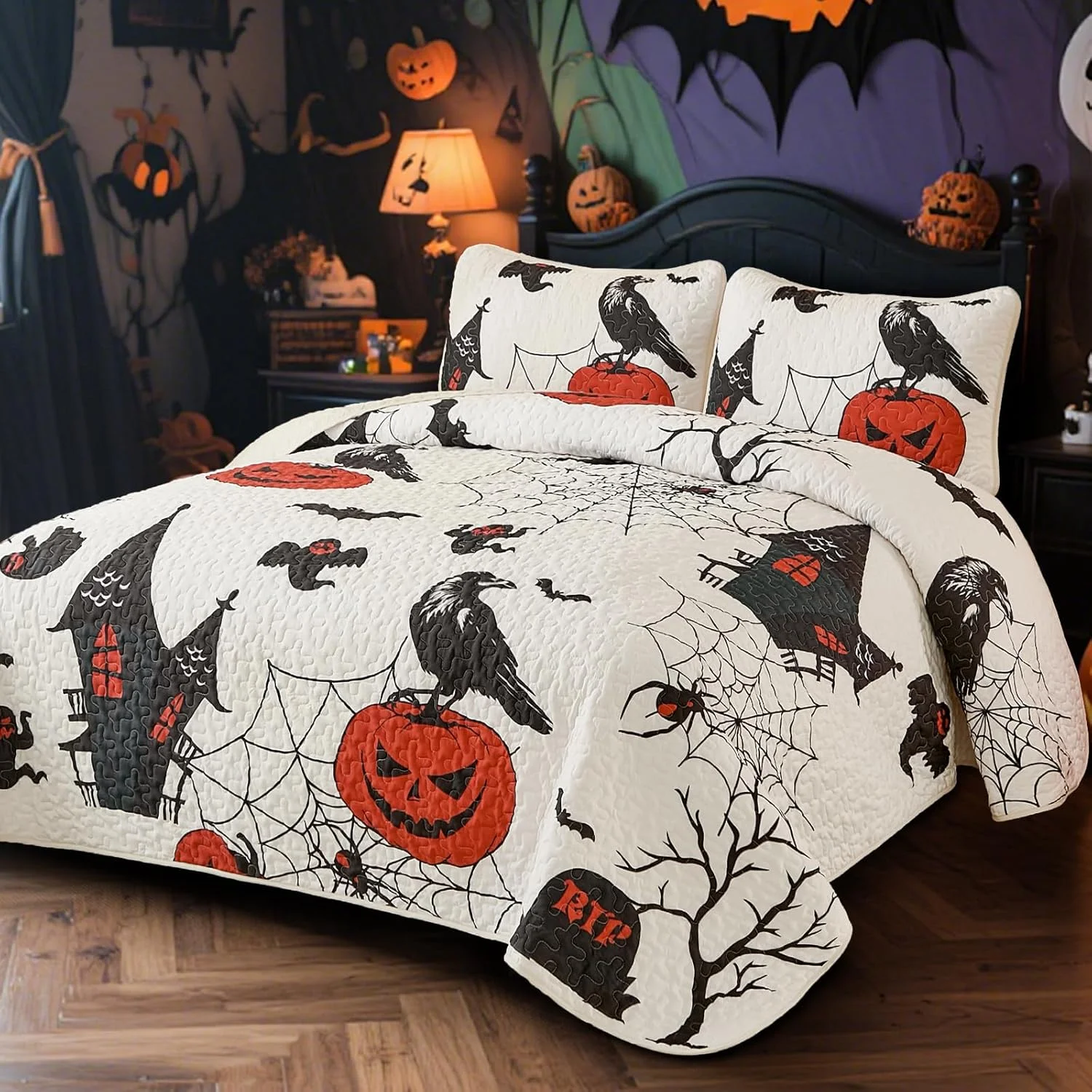 ست لحاف سه تکه هالووین WONGS BEDDING سایز کوئین، طرح روح سیاه، خفاش، کدو تنبل و عنکبوت، ست روتختی با تم تعطیلات، ست رو تختی تزئینی با 2 روبالشی (96"x 90") ست لحاف سه تکه هالووین WONGS BEDDING سایز کوئین، طرح روح سیاه، خفاش، کدو تنبل و عنکبوت، ست روتختی با تم تعطیلات، ست رو تختی تزئینی با 2 روبالشی (96"x 90")