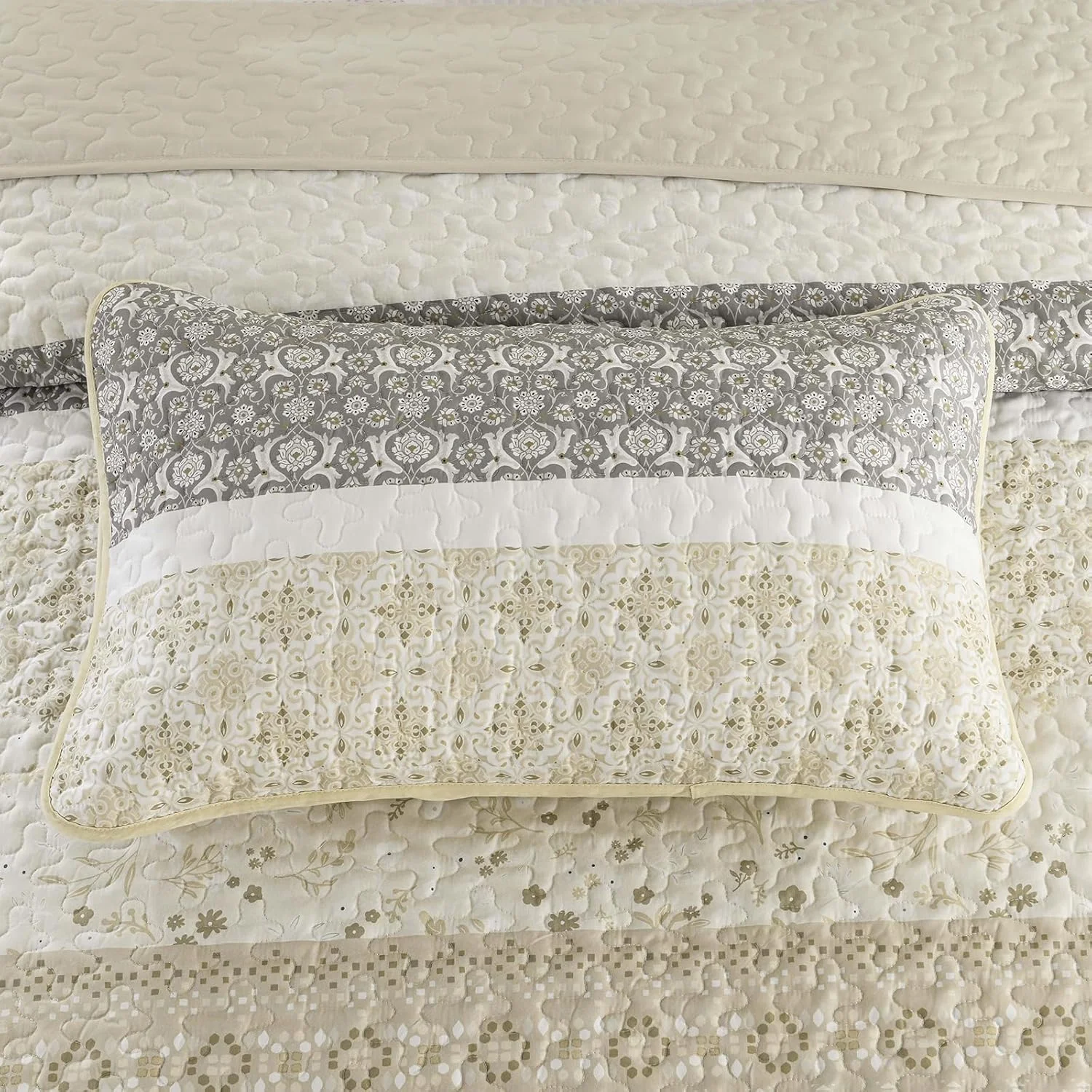 ست لحاف بوهو WONGS BEDDING سایز کامل، ست روتختی تکه دوزی راه راه بوهیمیایی بژ، ست ملحفه میکروفیبر 3 تکه برای تمام فصول (78"×90")