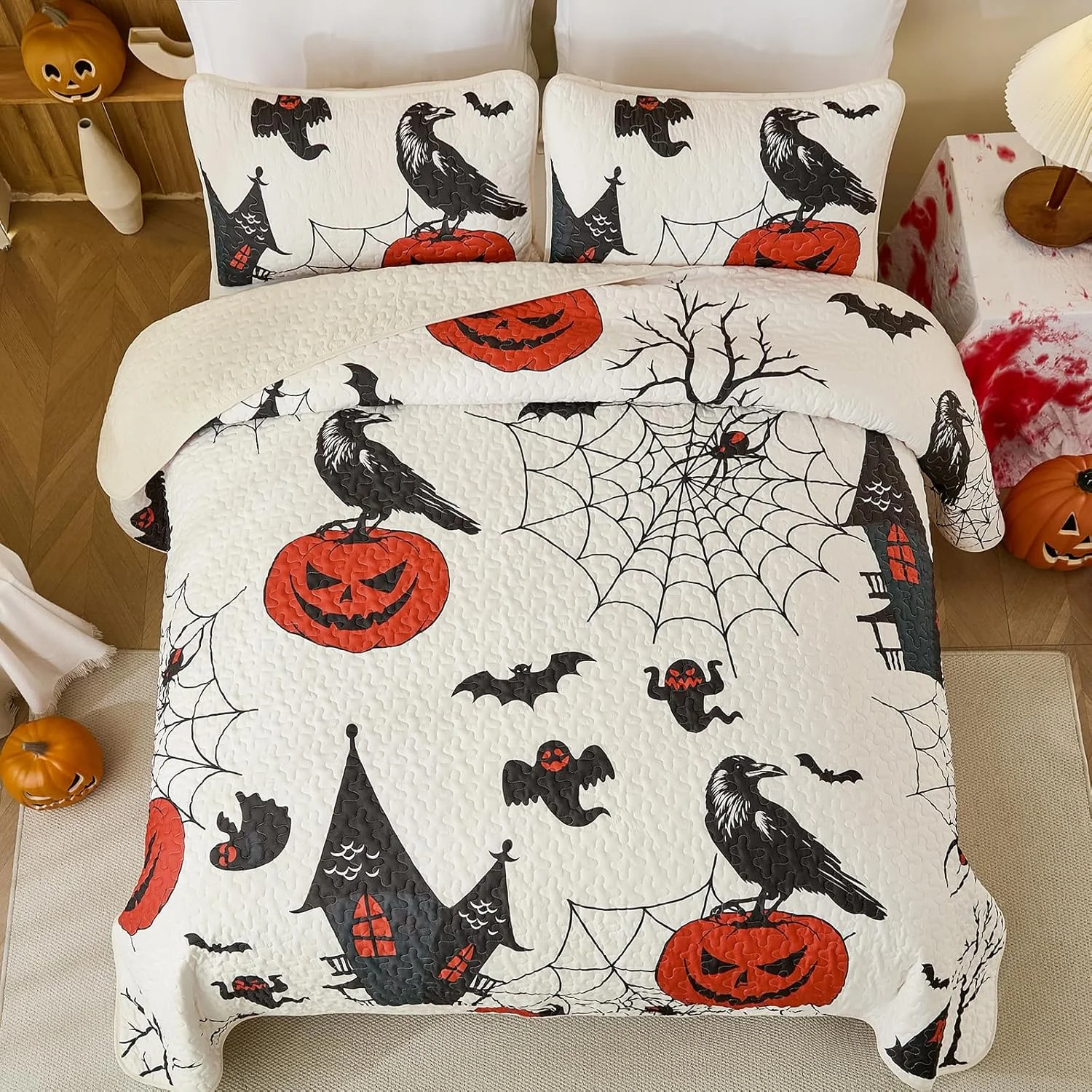 ست لحاف سه تکه هالووین WONGS BEDDING سایز کوئین، طرح روح سیاه، خفاش، کدو تنبل و عنکبوت، ست روتختی با تم تعطیلات، ست رو تختی تزئینی با 2 روبالشی (96"x 90") ست لحاف سه تکه هالووین WONGS BEDDING سایز کوئین، طرح روح سیاه، خفاش، کدو تنبل و عنکبوت، ست روتختی با تم تعطیلات، ست رو تختی تزئینی با 2 روبالشی (96"x 90")